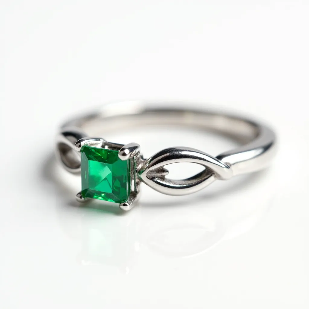 This promise ring features a sleek band made of a silver-toned metal, which gives it a classic and elegant appearance. The focal point is a square-cut green gemstone, likely an emerald or a similar stone, securely set in a four-prong setting that enhances its vibrant color and sparkle. The band includes a twisted design alongside the stone, adding a unique and stylish touch to the overall simple yet sophisticated design.