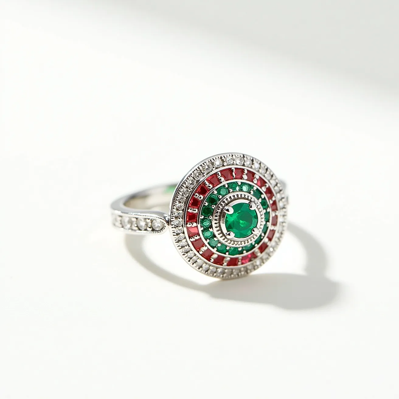 This rainbow ring features a vibrant and intricate design, crafted from silver-toned metal. At its center is a round, faceted green gem, possibly an emerald, set in a secure bezel. Surrounding the central stone are alternating rows of small round red and green stones, likely rubies and emeralds, arranged in a concentric circular pattern. These stones are held in place with a pave setting, enhancing the ring's sparkle. The outermost circle consists of smaller clear stones, possibly diamonds or clear crystals, adding an additional layer of brilliance. The band is adorned with similarly set clear stones, creating a seamless transition from the band to the focal centerpiece.