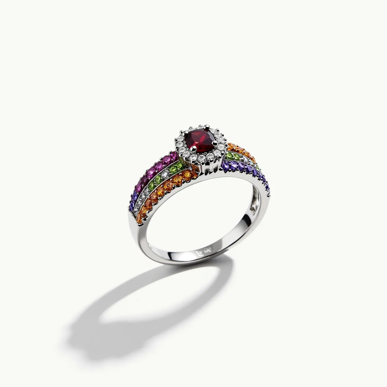 This rainbow ring features a striking central gemstone in a cushion cut, which appears to be a deep red, possibly a garnet or ruby, set in a halo of clear, round stones. The main band splits into three smaller bands on each side, adorned with a spectrum of colorful stones – purple, pink, orange, and green – creating the rainbow effect. Each stone is round cut and set closely together, likely using a pavé setting technique to emphasize the vibrant colors. The ring is crafted from a shiny metal, probably white gold or platinum, providing a sleek and elegant backdrop for the vivid gemstones. Overall, this design combines a classic setting with modern flair, drawing attention to its colorful and luxurious accents.