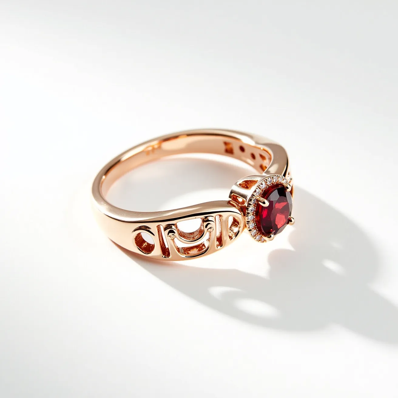 This rainbow ring features a sleek, polished gold band with intricate openwork designs, adding a modern flair to its aesthetic. At its center, the ring showcases a striking oval-cut red gemstone, set in a four-prong setting that securely holds the gem while highlighting its rich color and facets. Surrounding the main gemstone is a halo of smaller, white stones, possibly diamonds, that enhance the overall brilliance and elegance of the piece. The ring's artistic design combines bold elements with classic motifs, making it both a statement piece and a timeless accessory.