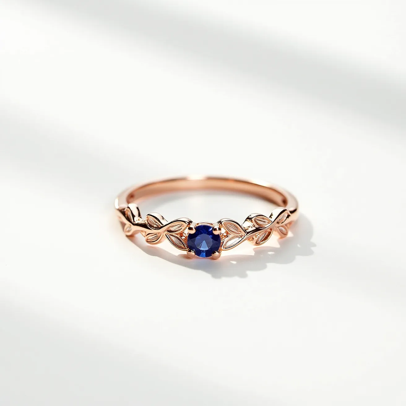 This rainbow ring features a rose gold band intricately designed with a vine-like pattern. At its center lies a round-cut blue sapphire, held securely by a four-prong setting, showcasing deep hues that contrast beautifully with the warm tones of the metal. The band’s design adds an organic element to the piece, with leaf motifs enhancing its elegant and whimsical appearance. The combination of the sapphire's vibrant color against the rose gold creates a standout aesthetic, offering a balance of sophistication and artistry.