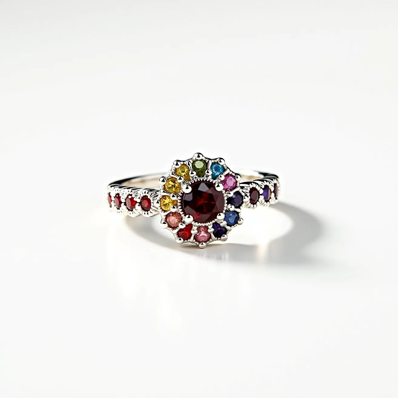 This rainbow ring features a central round-cut garnet encircled by an array of smaller gemstones in vibrant colors including yellow, blue, pink, green, and purple, forming a radiant halo effect. The stones are set in a polished, likely silver band, enhancing their colorful brilliance. The band itself is adorned with a sequence of red gemstones, matching the centerpiece, and each stone is secured in a classic prong setting, ensuring durability and elegance. The overall design integrates both symmetry and color variety to create a visually engaging piece.