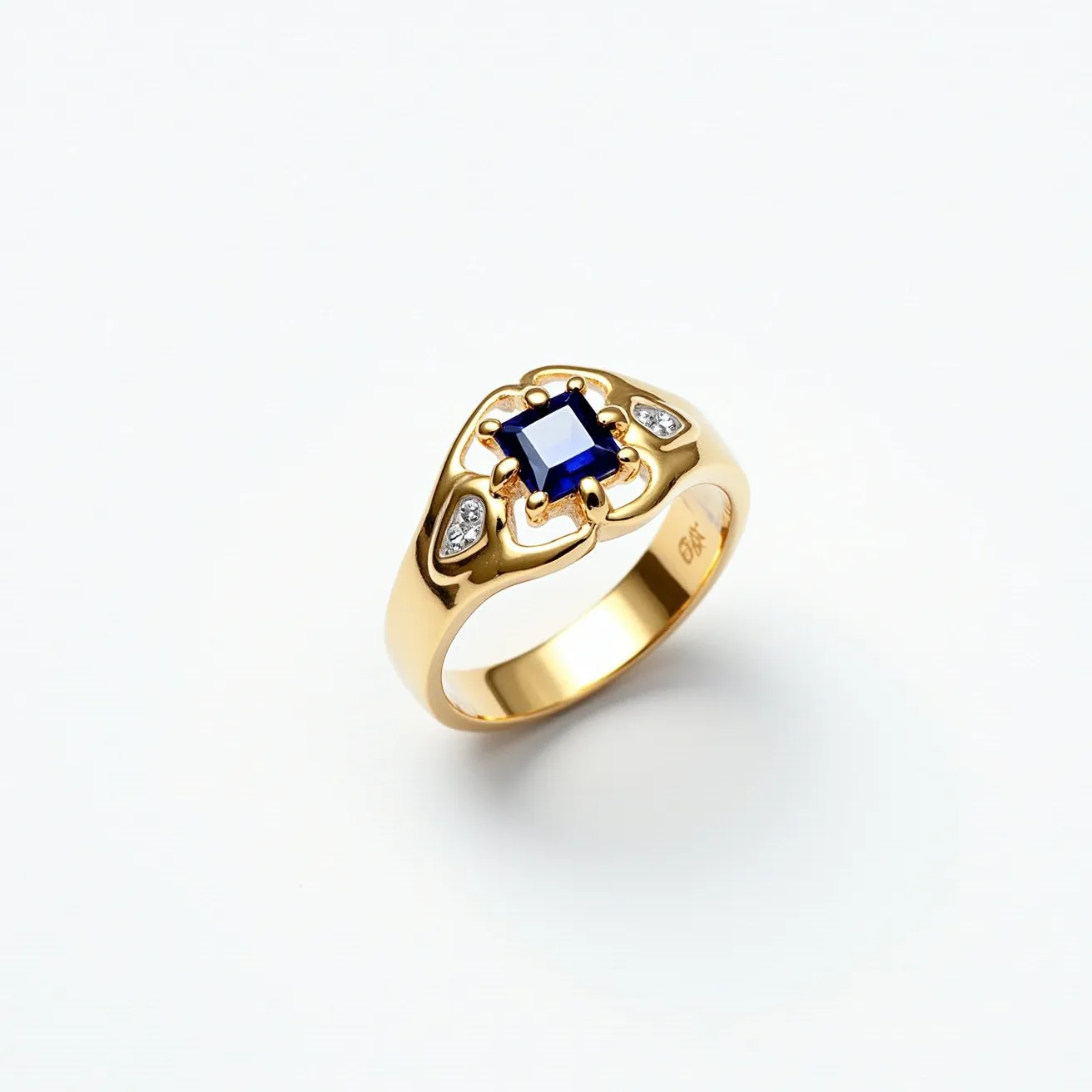 This rainbow ring features a prominent square-cut blue gemstone set in a gold band. The centerpiece stone is secured by a four-prong setting, enhancing its visibility and prominence. Flanking the central gemstone are two smaller, round-cut clear stones, likely diamonds, set into the band to add sparkle and contrast. These smaller stones are nestled within decorative motifs on each side of the main gem, creating a balanced and intricate design. The gold band itself is smooth and polished, showcasing a luxurious and elegant appearance without any additional clasps or attachments.