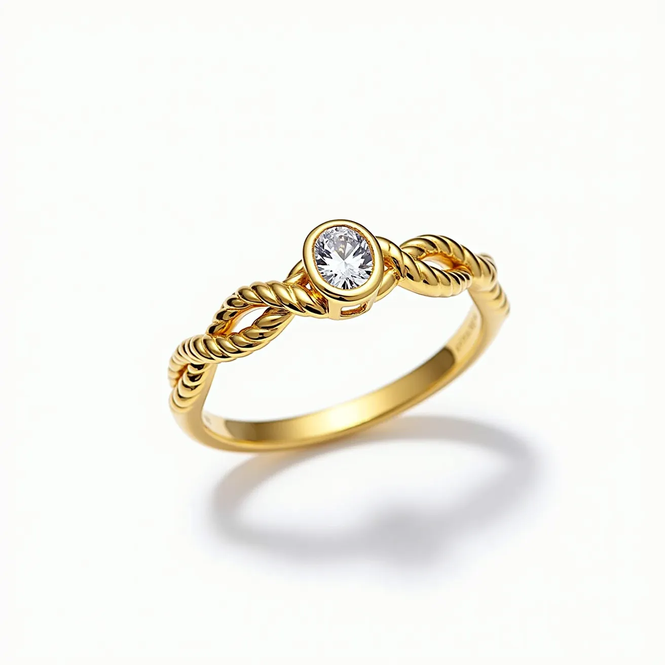 This Rapunzel promise ring features a twisted band crafted from gold, incorporating a unique rope-like design that adds texture and elegance. At the center, the ring showcases a brilliant round-cut diamond, securely held in a bezel setting that enhances its sparkle while offering protection and stability. The clear, well-defined lines of the stone highlight its clarity and craftsmanship, making it a striking focal point of the piece.