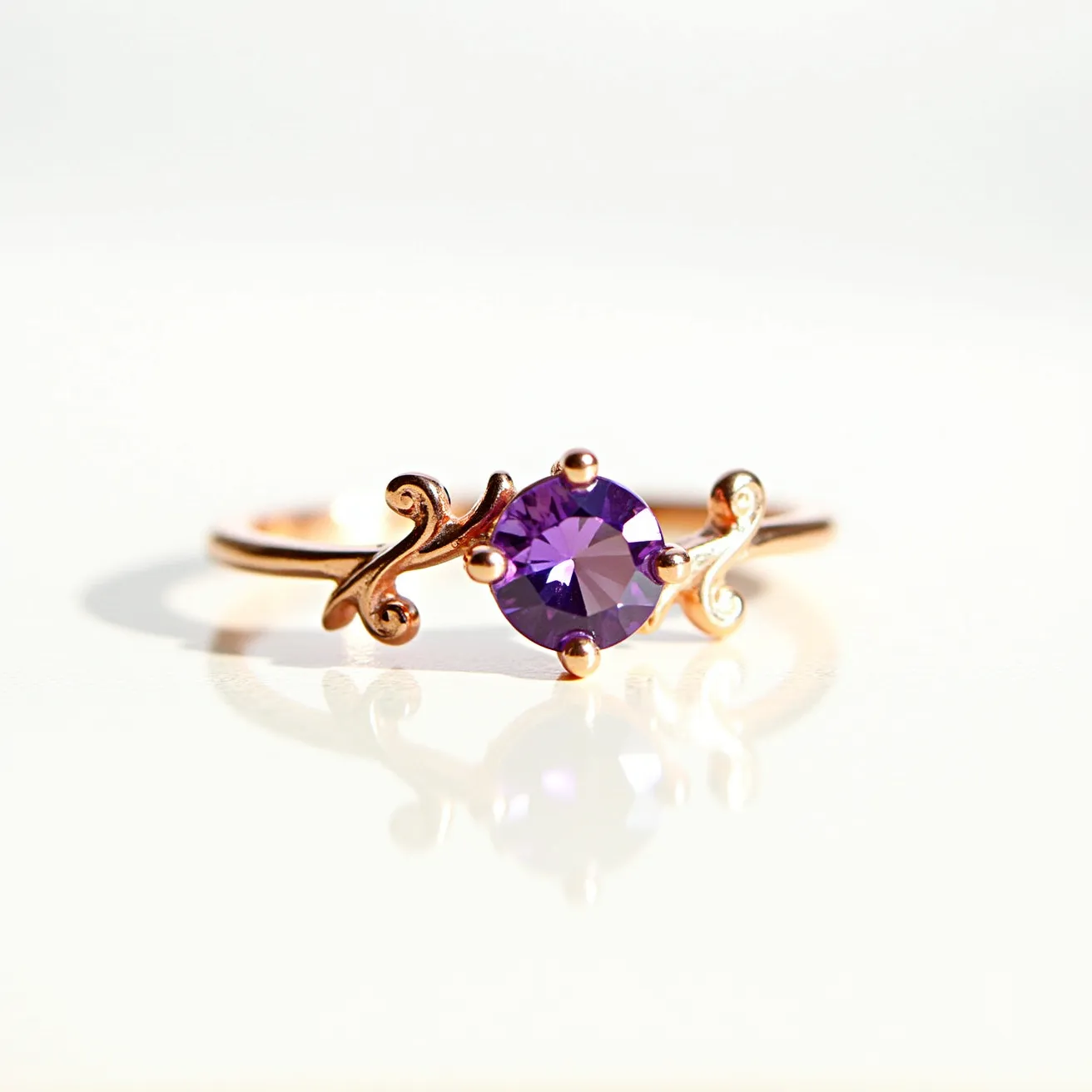 This Rapunzel promise ring features a beautifully crafted gold band adorned with intricate vine-like designs, giving it a whimsical and enchanting feel. At its center, a round-cut purple gemstone is securely set in a classic four-prong setting, drawing attention with its vibrant hue and brilliance. The gold elements surrounding the gemstone elegantly embrace it, enhancing the ring's fairytale-inspired aesthetic.