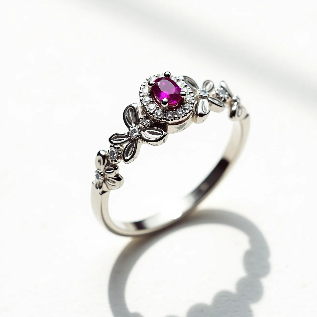 This Rapunzel promise ring is crafted from a polished white metal, likely silver or white gold, and features a vibrant pink oval gem, potentially a ruby or pink sapphire, as its central stone. The gem is set in a secure prong setting, surrounded by a halo of small, clear round stones that add a sparkling accent. The band is adorned with delicate butterfly motifs interspersed with small round stones, enhancing its whimsical and enchanting design. Each butterfly detail is intricately formed, contributing to the ring's fairy tale charm and elegance.