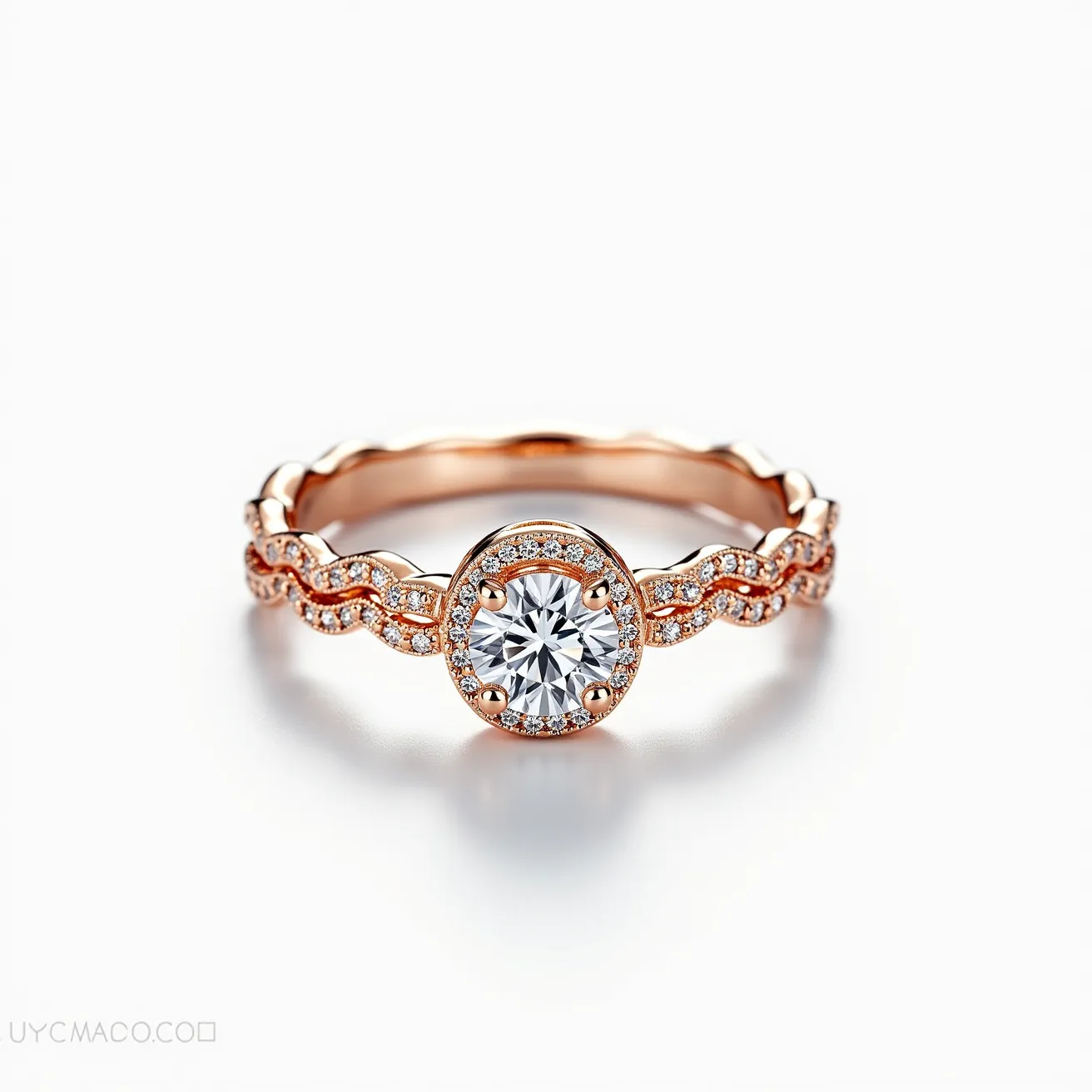 This Rapunzel promise ring features an elegant design crafted in rose gold, with a prominent round-cut diamond at its center set in a halo setting. The band showcases a unique intertwined pattern adorned with small, round-cut diamonds embedded along its surface, adding extra sparkle and sophistication to the piece. The artistry and choice of materials demonstrate a charming blend of luxury and fairy-tale inspiration, making this ring a romantic symbol of commitment.