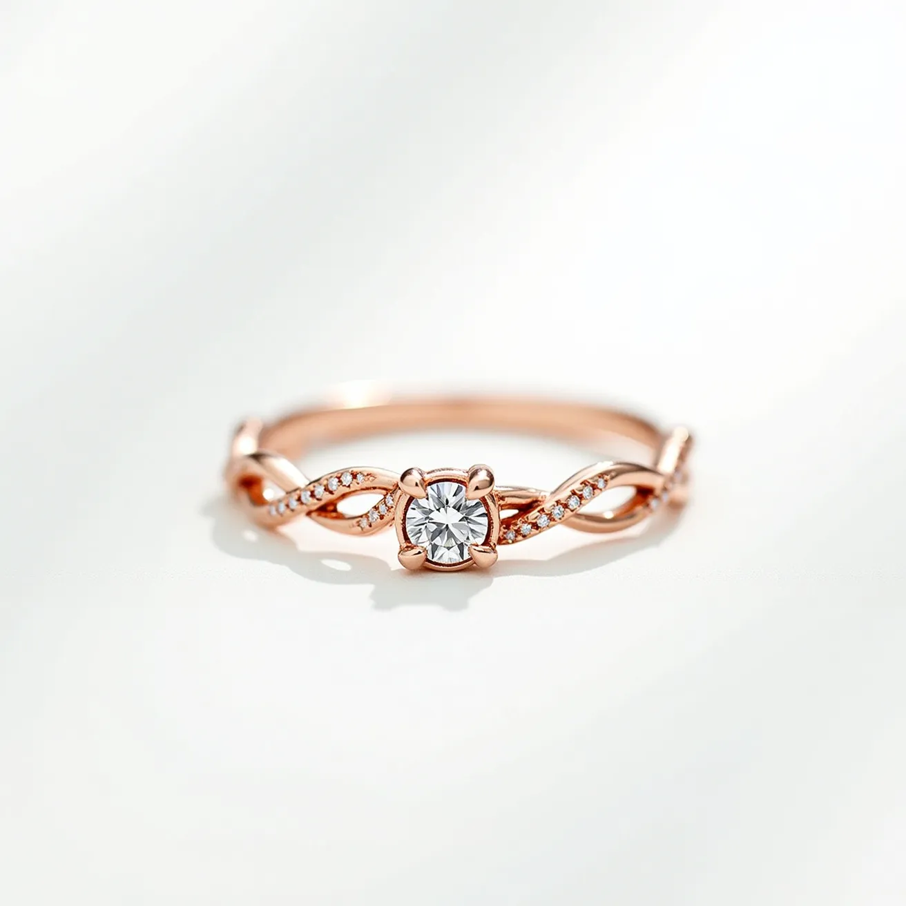 This Rapunzel promise ring features a delicate design crafted from rose gold. The centerpiece of the ring is a brilliant round-cut diamond held securely in a four-prong setting, radiating elegance and sophistication. The band showcases an intertwined pattern, reminiscent of Rapunzel's braid, adorned with small, sparkling diamonds that add a touch of enchantment. This exquisite arrangement highlights the careful attention to detail and craftsmanship involved in creating this timeless piece.