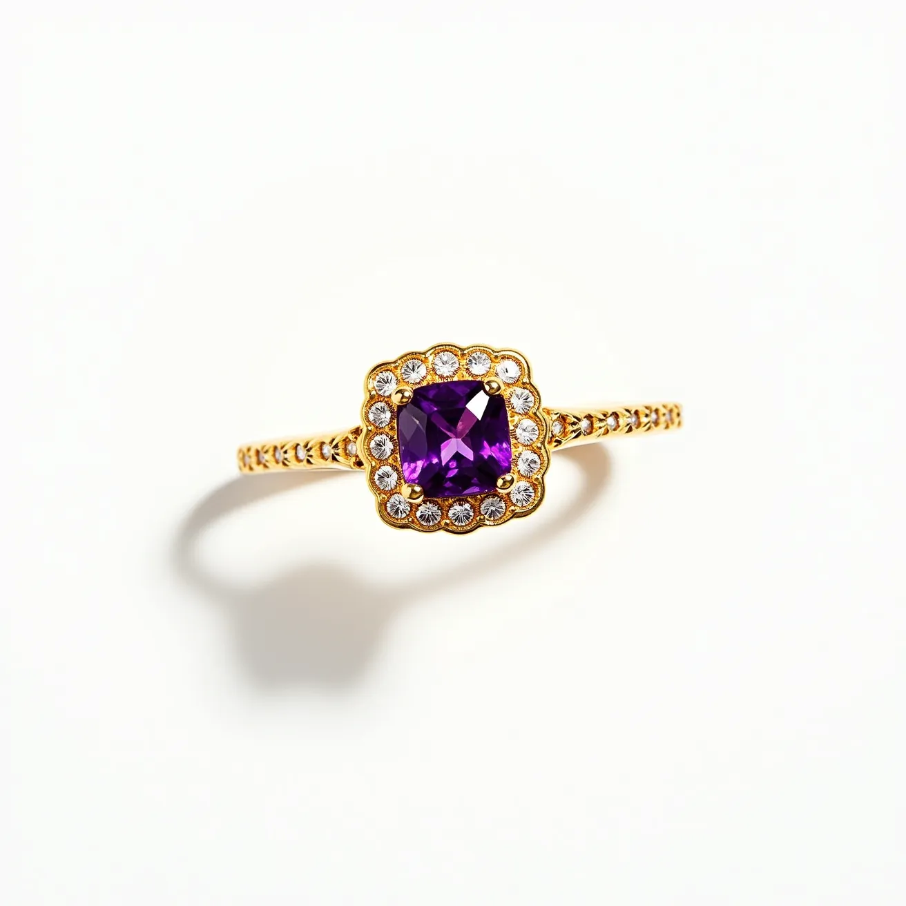 This Rapunzel promise ring features a square-cut purple gemstone set at its center, surrounded by a halo of clear, round-cut stones. The band and setting are crafted from a gold-toned metal, offering a warm and elegant appearance. The clear stones are securely set in a scalloped border, enhancing the vibrant purple center stone. The gold band itself displays a pattern that complements the intricate setting of the stones. Overall, the ring's design exudes a fairy-tale charm reminiscent of Rapunzel's enchanting story.