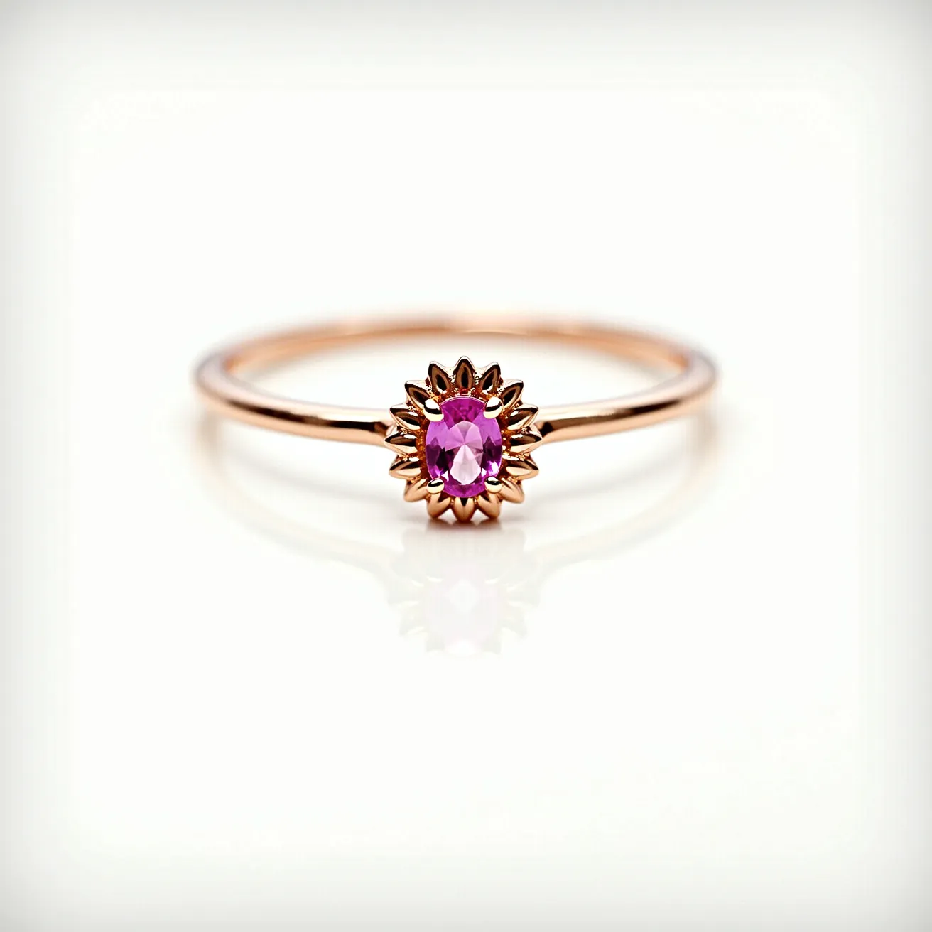 This Rapunzel promise ring features a delicate band crafted from rose gold, lending a warm and elegant appearance. At its center, the ring showcases a vibrant pink gemstone, most likely an amethyst or pink sapphire, cut into an oval shape and secured in a prong setting. Surrounding the stone is a distinctive floral pattern reminiscent of a sunburst, adding a whimsical and enchanting detail that complements the theme. The ring’s minimalist design and intricate detailing make it a charming symbol of promise and commitment.