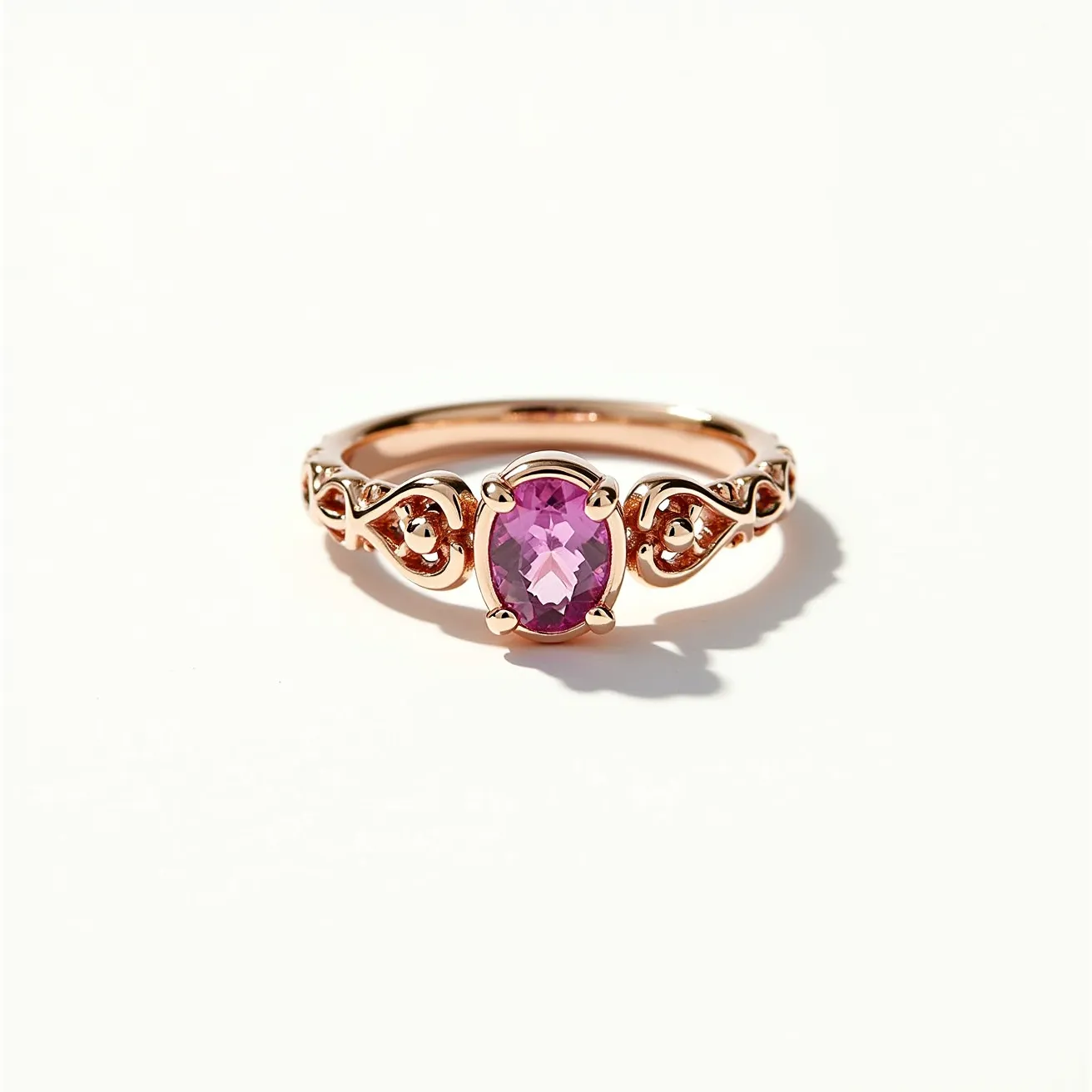 This Rapunzel promise ring features an intricate design crafted from a warm rose gold material, highlighted by a central, oval-cut pink gemstone elegantly set in a prong setting. The band's sides are adorned with a delicate, entwined filigree pattern, echoing the whimsical and enchanting themes often associated with Rapunzel. The prong setting not only secures the gemstone but also elevates it, allowing for maximum exposure to light and enhancing its natural sparkle. The overall composition of the ring combines elegance with a touch of fantasy, making it a distinctive and memorable piece.