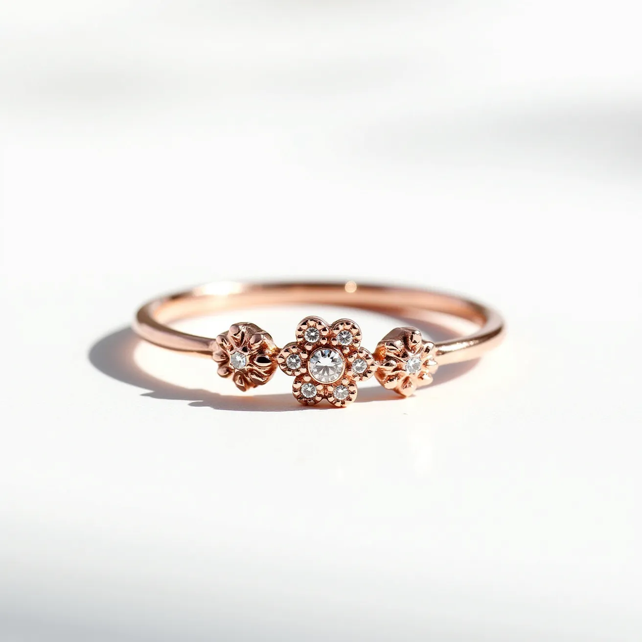 This Rapunzel promise ring features a delicate design with a striking arrangement of three floral motifs, each incorporating a central gemstone. The ring appears to be crafted from a lustrous rose gold, providing a warm and elegant base. The central flower is adorned with a round-cut diamond set in a prong setting, surrounded by smaller diamonds or clear stones that form the petals, enhancing its sparkle and allure. The two adjacent floral elements echo this design on a smaller scale, each centered with their own gemstone. The ring’s band is slender and contoured, seamlessly supporting the intricate floral settings, allowing the piece to capture a whimsical yet sophisticated aesthetic.