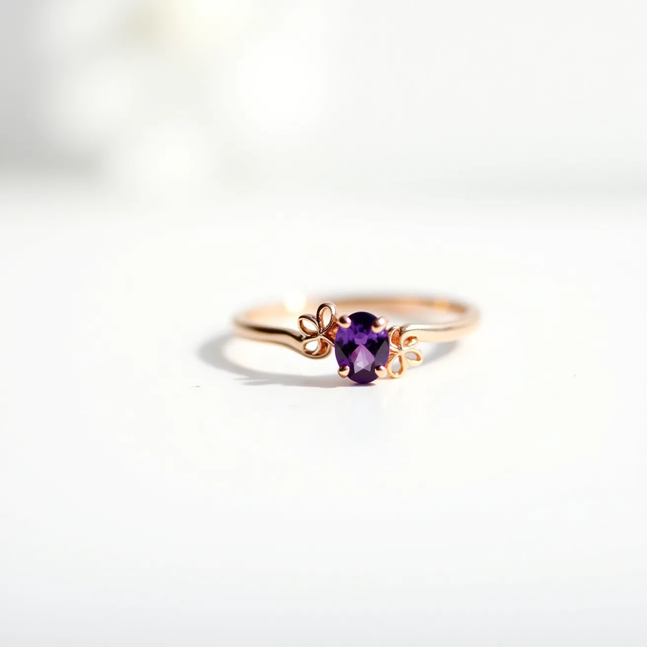 This Rapunzel ring features a delicate design with a gold band, showcasing an elegantly faceted amethyst gemstone in a prong setting. The rich purple of the amethyst is accentuated by two intricate floral motifs on either side, adding a touch of whimsy and charm to the piece. The round cut of the gemstone allows for maximum light reflection, enhancing its vibrant color. The band itself is sleek and simple, providing a sophisticated contrast to the detailed floral settings, making this ring both elegant and enchanting.