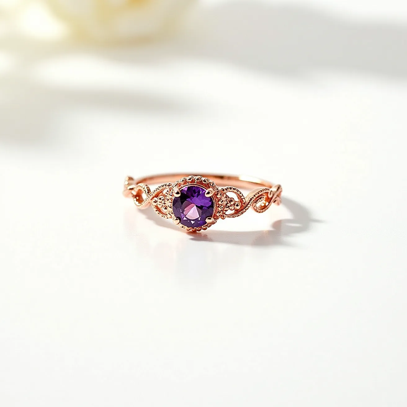 This Rapunzel ring features an elegant design crafted from rose gold with intricate detailing. At its center is a stunning round-cut amethyst, set in a secure bezel setting that highlights its deep purple hue. The band is adorned with delicate scrollwork, adding an ornate touch to the overall aesthetic. The craftsmanship showcases a blend of classic elegance and fairy-tale charm, perfect for admirers of sophisticated jewelry with a whimsical twist.