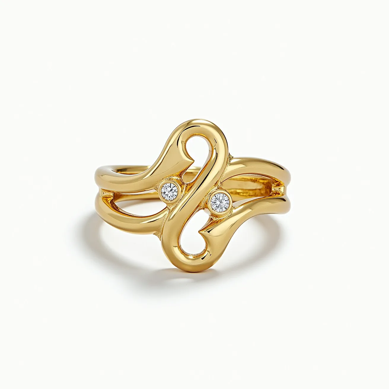 This Rapunzel ring features a graceful, flowing design crafted from polished gold, exuding an elegant and whimsical aesthetic. Set within the gold are two round brilliant-cut diamonds, each securely positioned in a bezel setting, adding a touch of sparkle to the intricate curves of the band. The ring's artistic structure demonstrates a harmonious blend of refined craftsmanship and enchanting allure, reminiscent of fairytale elegance.