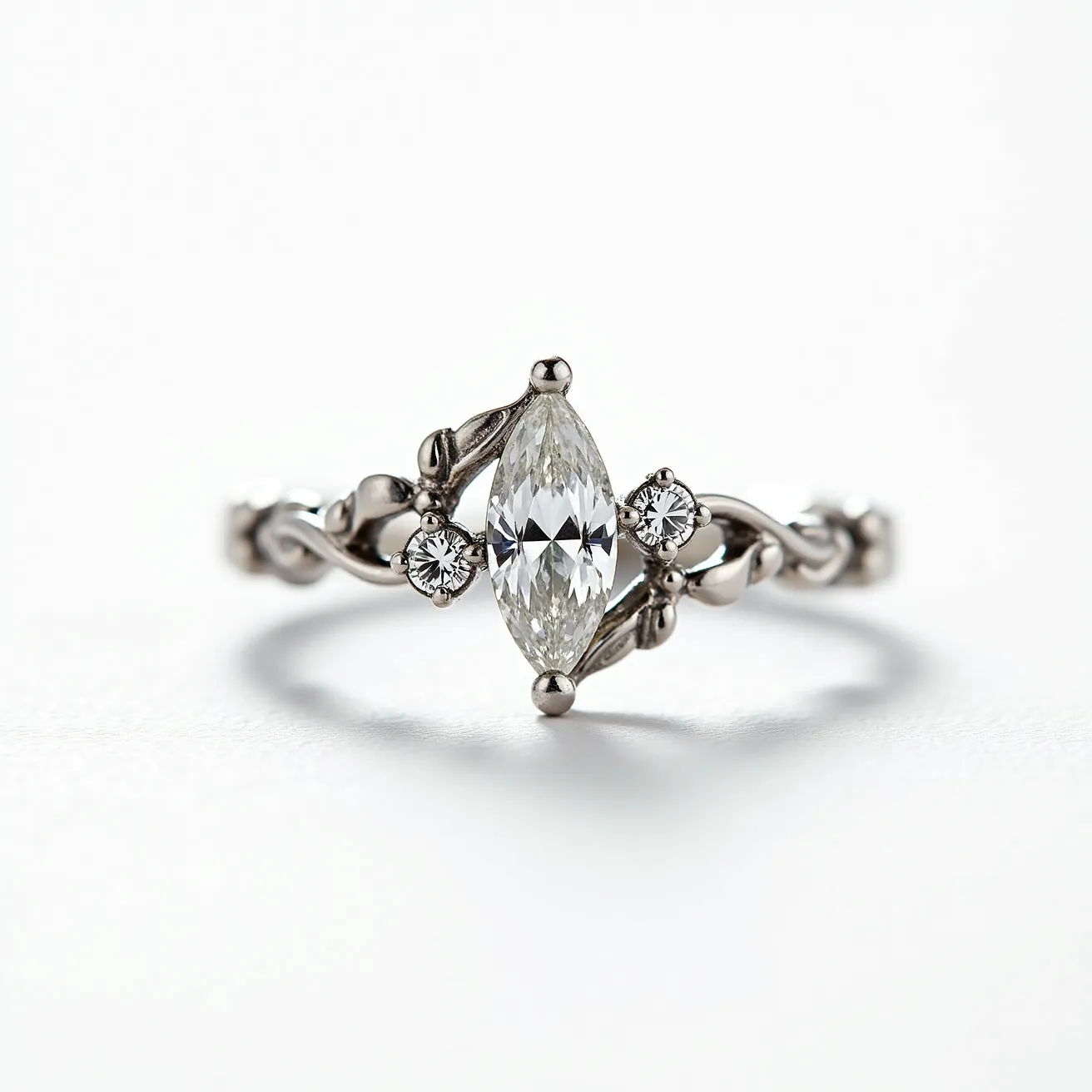 This Rapunzel ring features a captivating design centered around a marquise-cut diamond, elegantly set in a pointed, elongated shape that adds a touch of sophistication. Flanking the marquise stone are two smaller round brilliant-cut diamonds, each securely nestled within a subtle prong setting, complementing the central gem’s shine. The band showcases an intricate, vine-like design, reminiscent of braided elements, crafted from a polished white metal, possibly platinum or white gold, which enhances the diamonds’ brilliance and provides both durability and elegance. This intricate design and the quality of materials used make this ring a stunning piece of jewelry.