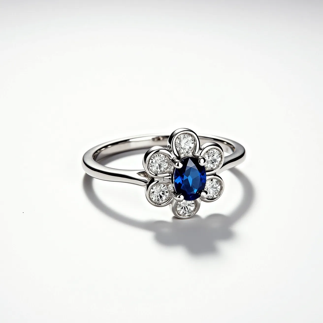 This Rapunzel ring features a striking design with a central oval-cut sapphire, prominently displayed within a floral setting. The sapphire is surrounded by round-cut diamonds, forming petal shapes that accentuate its vibrant blue color. The band is crafted from polished metal, likely white gold or platinum, which complements and enhances the brilliance of the stones. The intricate setting securely holds the gems in place, adding to the overall elegance and sophistication of the piece.