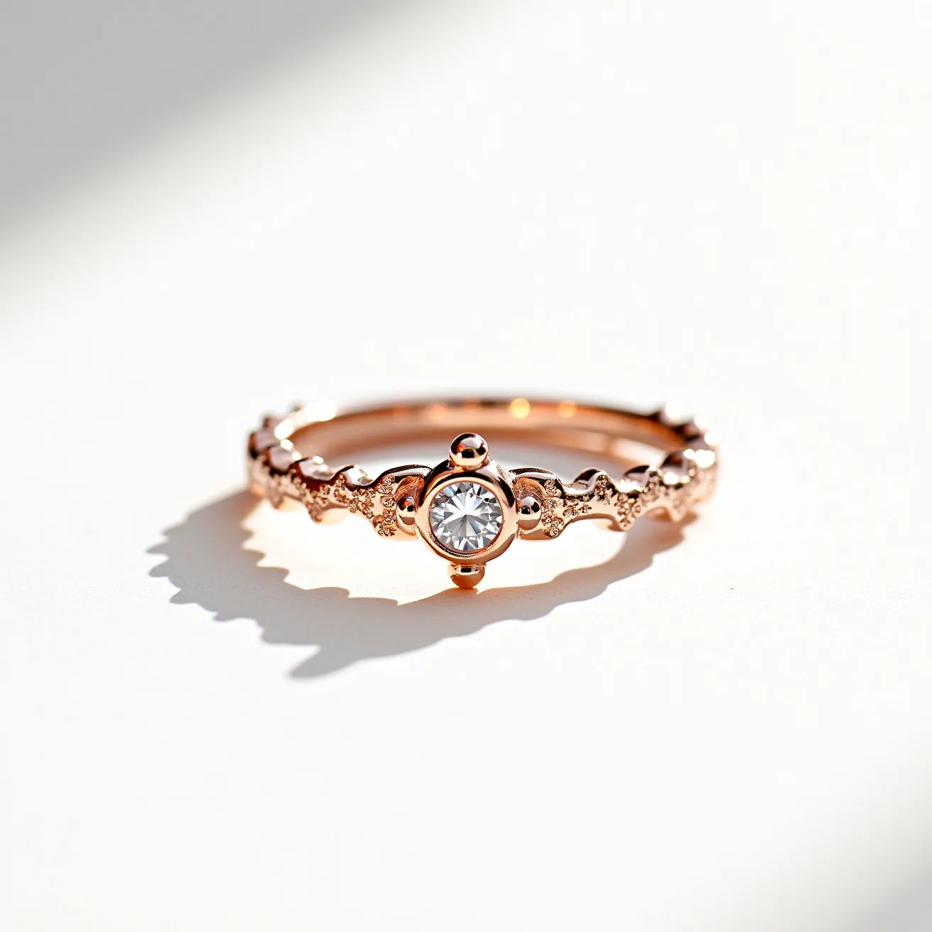 This Rapunzel ring features a rose gold band intricately designed with delicate, vine-like patterns, giving it a whimsical, storybook charm. At its center, the ring showcases a round, brilliant-cut diamond in a bezel setting, which elegantly highlights the stone while providing a secure fit. The band is adorned with tiny, shimmering diamonds that add an extra layer of sparkle, enhancing the ring's enchanting appeal. The craftsmanship reflects a blend of elegance and fantasy, making it a unique piece of jewelry.