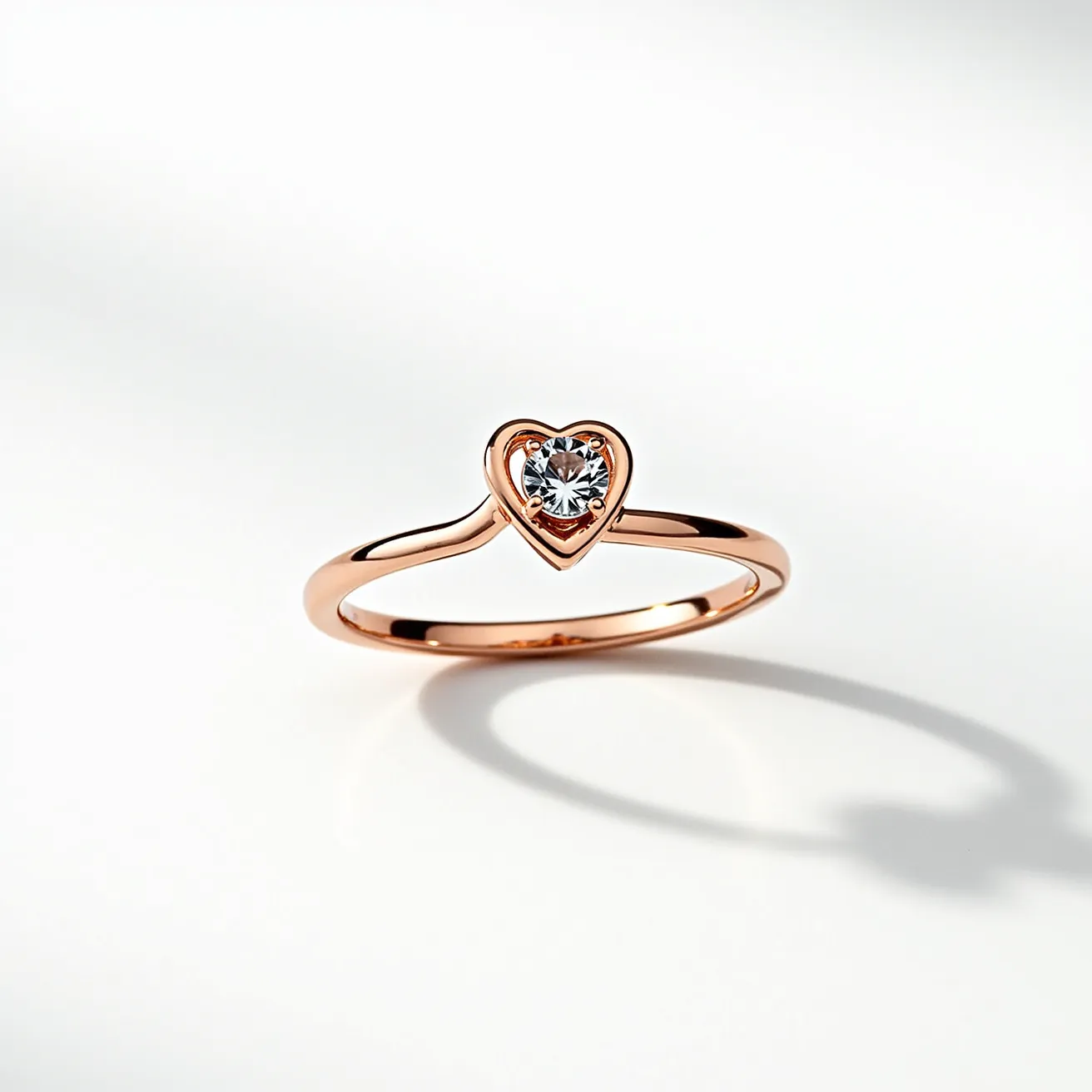 This rapunzel ring features a delicate rose gold band, elegantly crafted to hold a central gemstone that is expertly set within a heart-shaped bezel. The gemstone is a sparkling round brilliant cut, enhancing its brilliance and fire. Its secure setting ensures the gem is prominently displayed, adding to the ring's romantic and whimsical design. The smooth, polished finish of the rose gold enhances the overall elegance and charm of the piece, making it a beautiful accessory for any occasion.