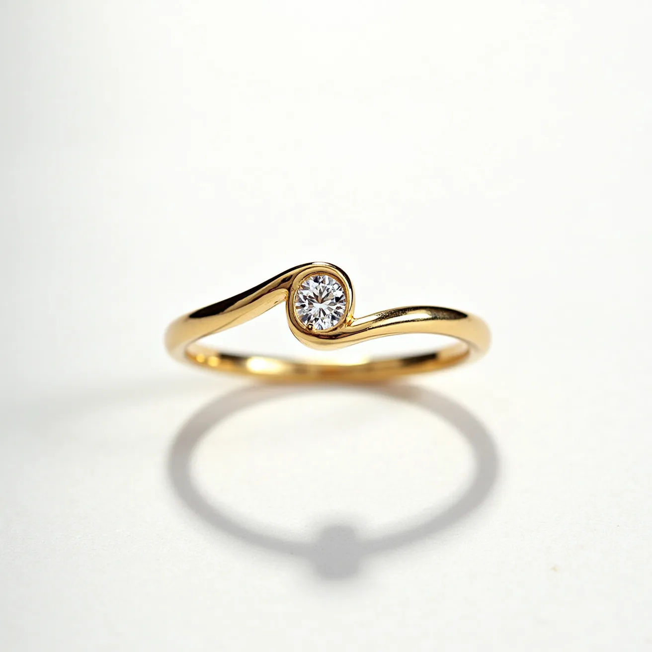 This ring band features a graceful, flowing design crafted from polished gold, creating an elegant and smooth appearance. It is adorned with a single round-cut diamond, set in a bezel setting that securely encircles the gem, enhancing its brilliance while providing a modern aesthetic. There are no visible clasps or attachments on this band, allowing the focus to remain on the harmonious interplay between the gold and the diamond, which creates a sophisticated and timeless piece.