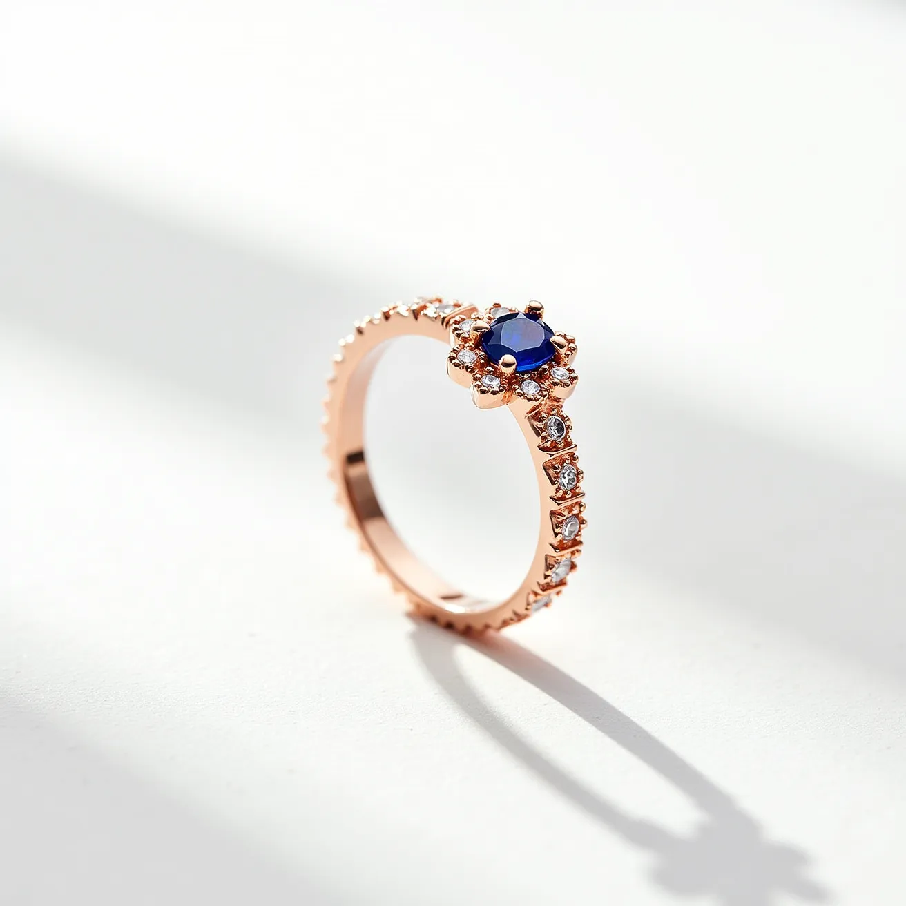 This ring band is crafted from a warm rose gold material, lending it a luxurious and elegant appearance. It features a prominent round-cut blue sapphire as the central gemstone, secured in a prong setting, which allows the stone to capture and reflect light brilliantly. Surrounding the central sapphire are round-cut diamonds set in a halo pattern, further enhancing its brilliance and adding a touch of classic sophistication. The band itself is adorned with smaller diamonds embedded along its surface in a pave setting, creating a continuous sparkle that complements the centerpiece. Overall, the combination of rose gold, sapphire, and diamonds creates a harmonious and striking design.