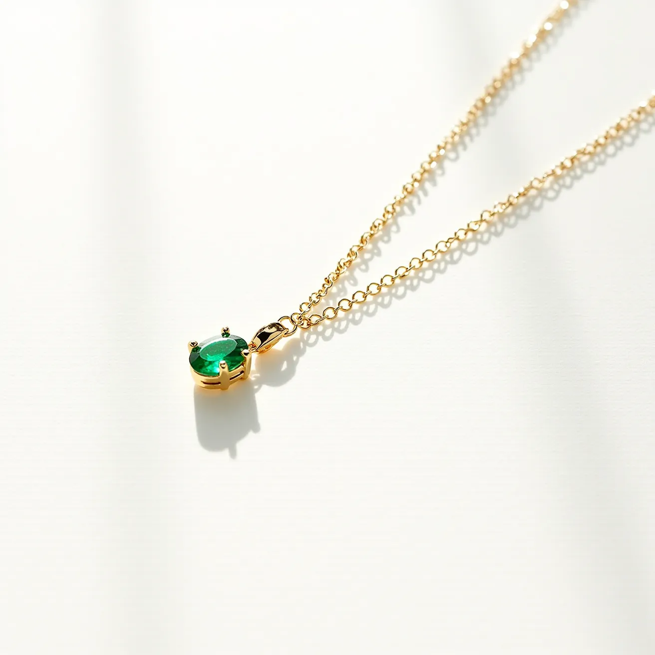 This ring necklace features a finely linked gold chain showcasing a stunning emerald gemstone. The emerald is cut in an oval shape, enhancing its vivid green color, and is set in a secure prong setting which elevates the stone to catch the light beautifully. The necklace is complemented by a polished gold clasp that provides a secure and elegant attachment.