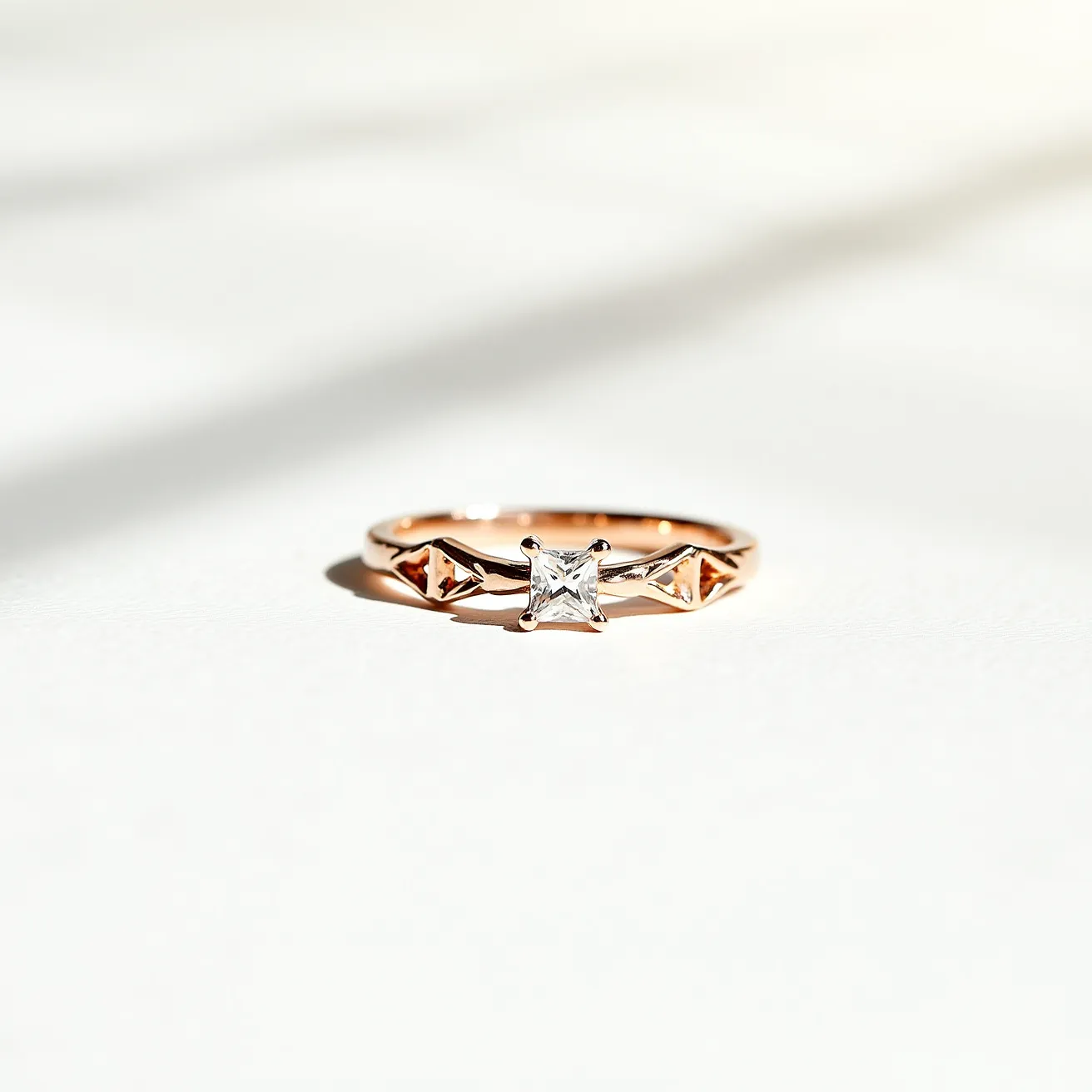 This rose gold ring features a delicate band crafted from rose gold, showcasing a central square-cut gemstone securely held in a four-prong setting. The elegant design is complemented by smaller triangular gemstones set along the band, adding subtle sparkle and sophistication. The use of rose gold provides a soft, warm hue that enhances the overall aesthetic, creating a harmonious blend of modern and classic elements.