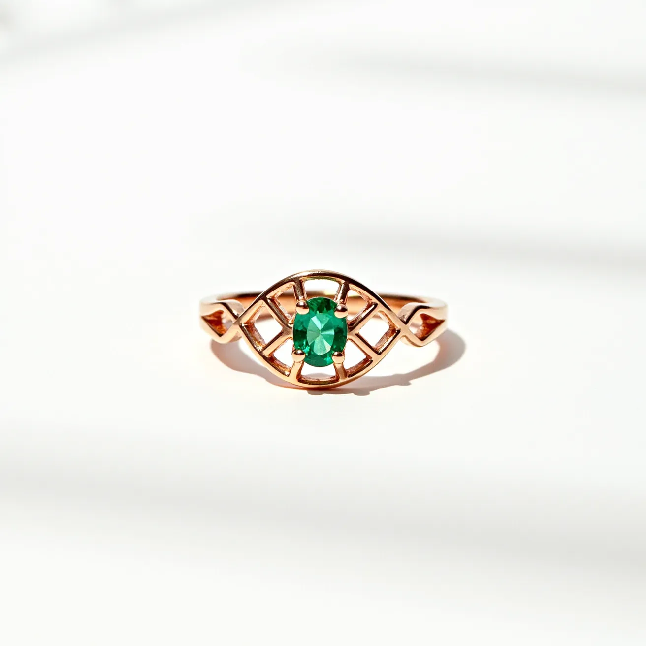 This rose gold ring features an intricate lattice design, showcasing a prominent green gemstone at its center. The gem is likely an emerald, cut in an oval shape, and is securely held in place with a four-prong setting, which enhances its visibility and brilliance. The openwork of the ring shank adds an elegant and airy appearance, complementing the rich hue of the rose gold. The overall design embodies a balance of classic sophistication and modern style, making it a striking accessory for any occasion.