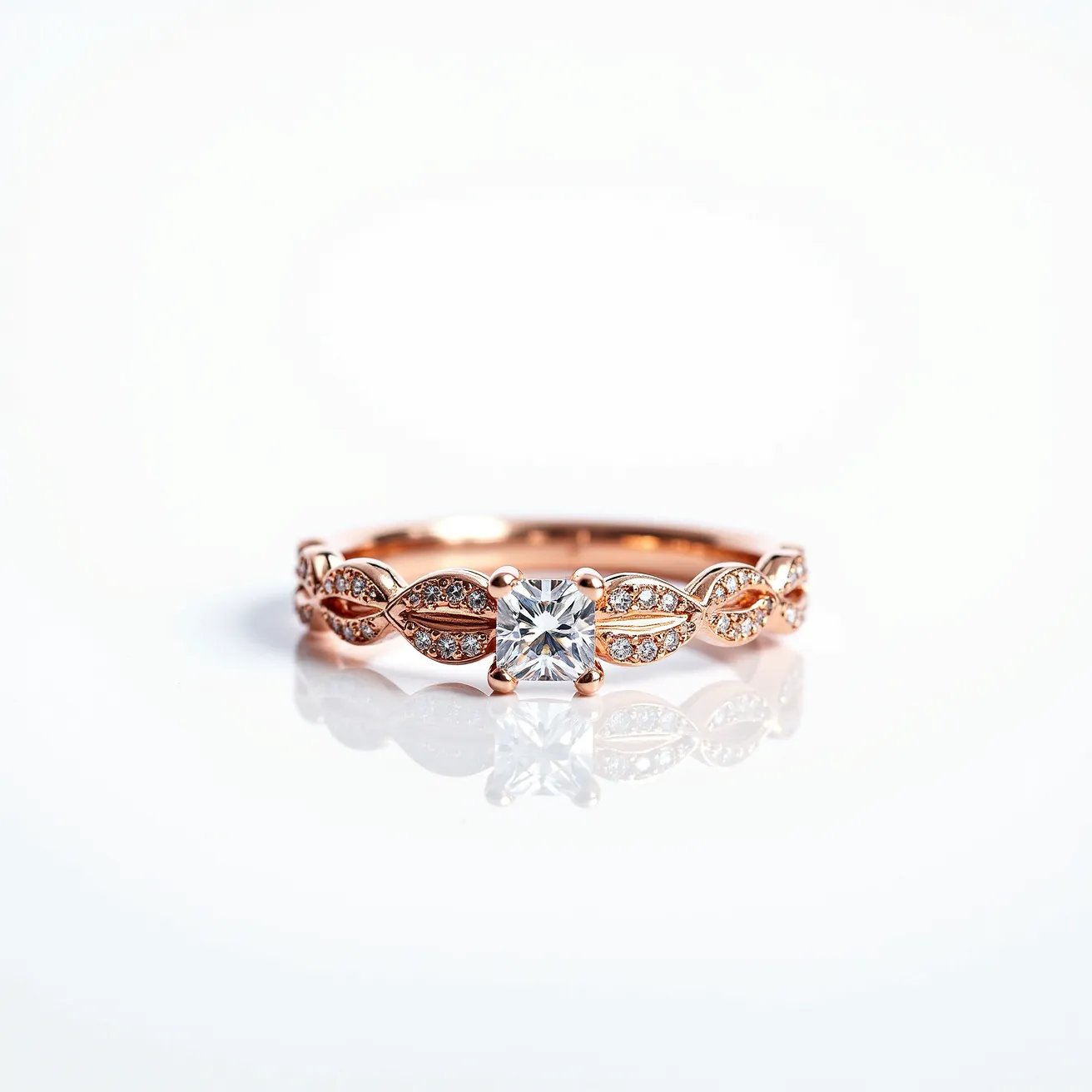 This rose gold ring features a central square-cut gemstone, likely a diamond, held securely in a four-prong setting. The band is crafted from rose gold and is intricately designed with a leaf pattern, each adorned with small pave-set diamonds, adding extra sparkle. The overall design is elegant, with a continuous flow of gemstones that complements the central stone, creating a cohesive and luxurious appearance.