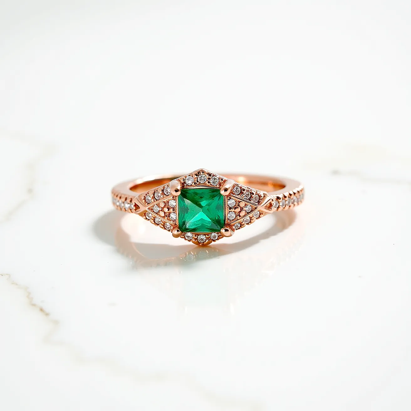 This rose gold ring features a striking square-cut green gemstone as its centerpiece, elegantly set in a four-prong setting that highlights its vibrant color. Surrounding the central stone is a halo of small, round white diamonds, which are also intricately set along the band, adding a touch of sparkle and sophistication to the design. The diamonds appear to be set in a pavé style, contributing to the ring's luxurious and cohesive appearance. The warm rose gold complements the rich green and clear stones beautifully, creating a harmonious and elegant piece of jewelry.