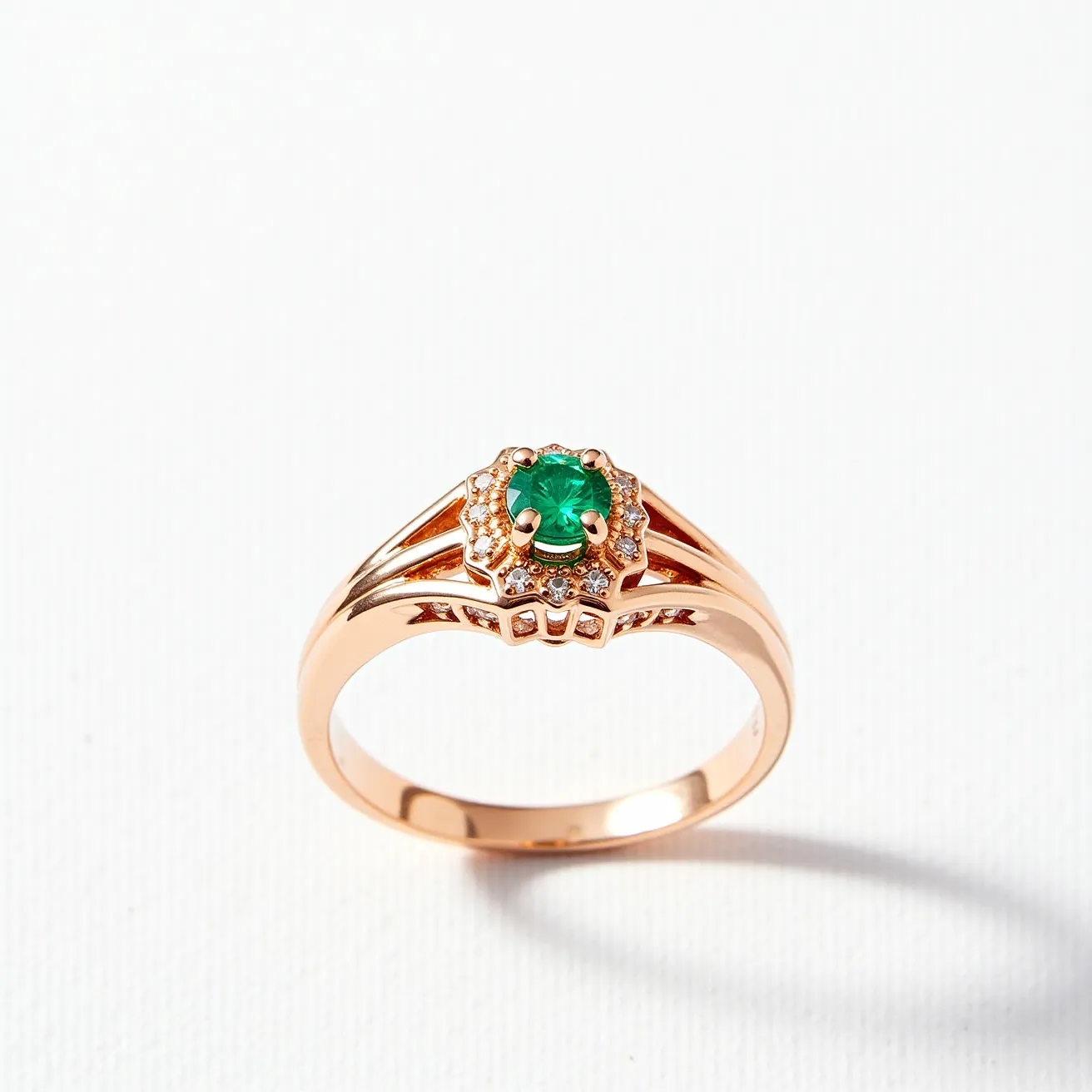 This rose gold ring features a central round-cut green gemstone, likely an emerald, set in a prong setting that highlights its vibrant hue. Surrounding the main stone is a halo of small round-cut white stones, probably diamonds, enhancing the ring's brilliance and elegance. The ring's band splits into multiple narrow strands as it approaches the setting, adding a delicate yet sophisticated touch to the overall design. The rose gold adds warmth to the piece, complementing the rich green and clear stones. There is no visible clasp or additional attachment, maintaining a continuous and seamless design.