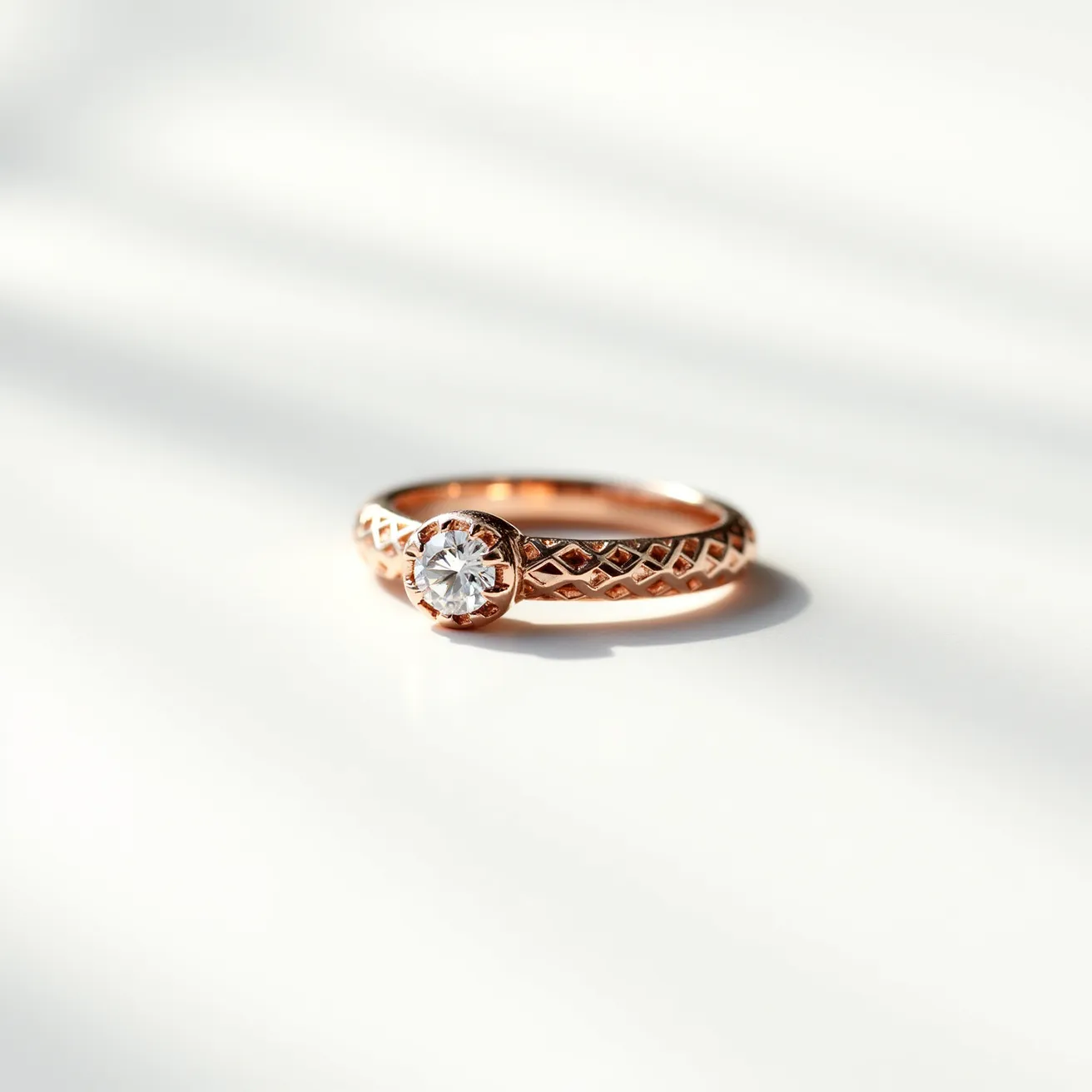 This rose gold ring features an intricately designed band with a lattice pattern, showcasing the warmth and subtle elegance of rose gold metal. At its center is a round-cut gem, likely a diamond, which is prominently set in a bezel setting, offering a sophisticated and secure display. The combination of the classic solitaire design with the ornate band adds a modern flair to the timeless appeal of rose gold jewelry.