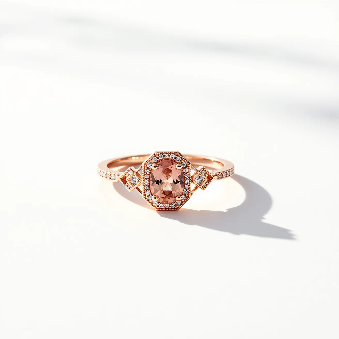 This rose gold ring features a prominent central stone that appears to be an oval-cut morganite, securely set in an intricate halo setting. Flanking the main stone are two smaller square-cut diamonds, each set in their own delicate halos, adding a touch of elegance and sparkle. The band is accentuated with a series of small pavé-set diamonds, enhancing the ring's overall brilliance. The use of rose gold provides a warm, feminine tone that beautifully complements the soft pink hue of the morganite and the clarity of the diamonds. The design seamlessly integrates these elements into a cohesive and sophisticated piece.