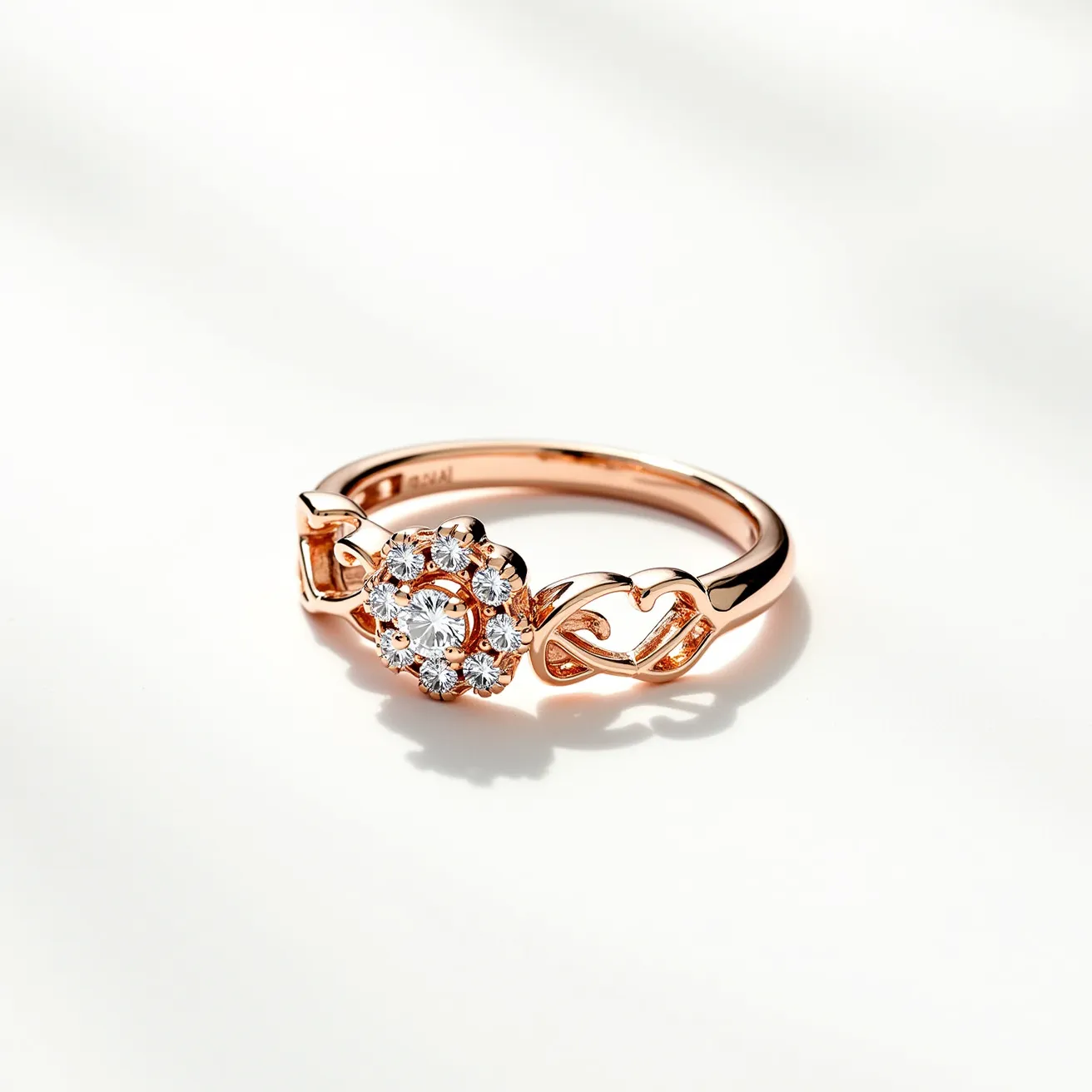 This rose gold ring features a beautifully intricate design with a central round-cut diamond surrounded by smaller round diamonds, creating an elegant floral halo effect. The diamonds are set in a secure prong setting, enhancing their brilliance and adding a touch of elegance to the overall design. The band itself includes a delicate openwork pattern, adding a vintage appeal to the modern elegance of the piece. The use of rose gold provides a warm, romantic hue that complements the sparkle of the diamonds. This ring is an exquisite piece, expertly crafted to balance timeless beauty with contemporary style.