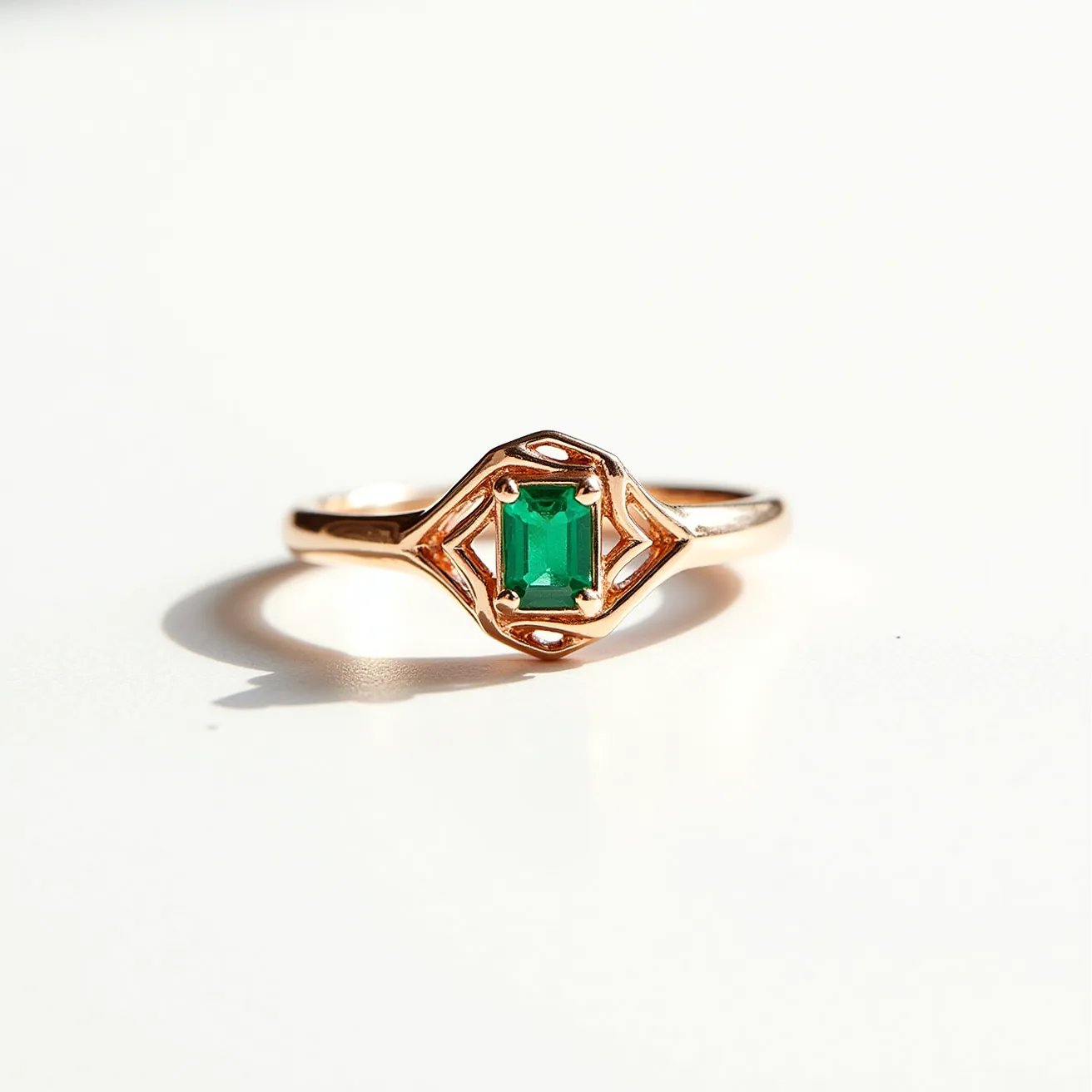 This rose gold ring features a sleek and elegant band crafted from rose gold, which lends a warm, subtle hue. It is adorned with a central rectangular emerald, which is cut in an emerald shape, displaying its deep green color. The stone is securely held in place by a prong setting, complementing the geometric design of the setting that encases the gemstone. The ring's design is understated yet sophisticated, highlighting the stunning contrast between the vibrant emerald and the soft luster of the rose gold band.