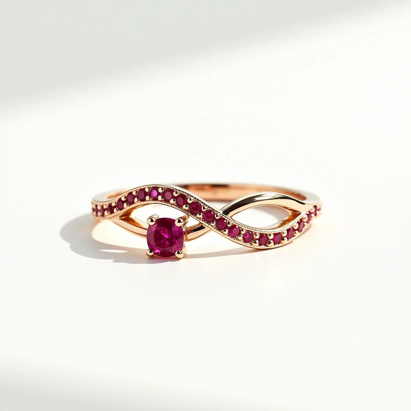 This rose gold ring features a striking design incorporating a central round-cut ruby, held securely in place by a prong setting. The band showcases an elegant, intertwining design adorned with smaller, equally vibrant rubies set along the loops. The combination of the rose gold and the rich red hue of the rubies creates a captivating contrast, highlighting the luxurious appeal of the piece.