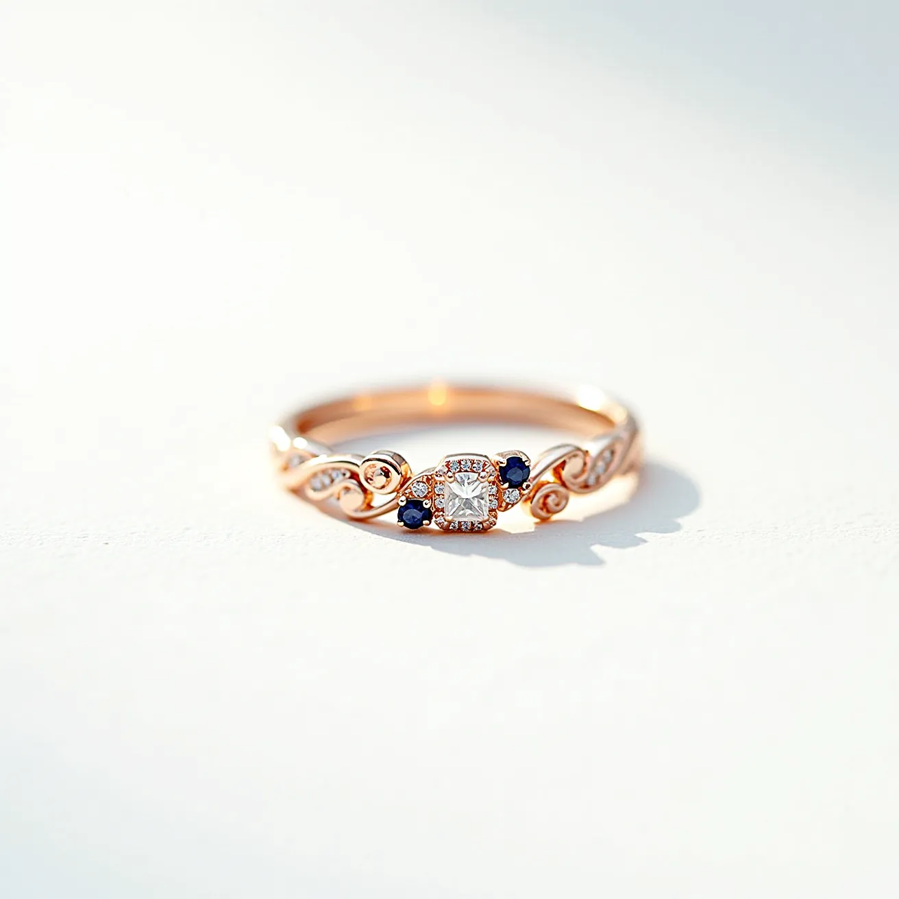 This rose gold ring features a delicate design with intricate scrollwork that enhances its elegant appearance. At the center, a square-cut diamond is prominently set within a halo of smaller diamonds, adding a touch of brilliance and sophistication. On either side of the central stone, there are two small, round blue sapphires, each set in a secure prong setting, contributing a dash of color and contrast to the piece. The ring does not have any visible clasps or attachments, maintaining a seamless and continuous band design. The combination of rose gold, diamond, and sapphire creates a timeless and graceful look.