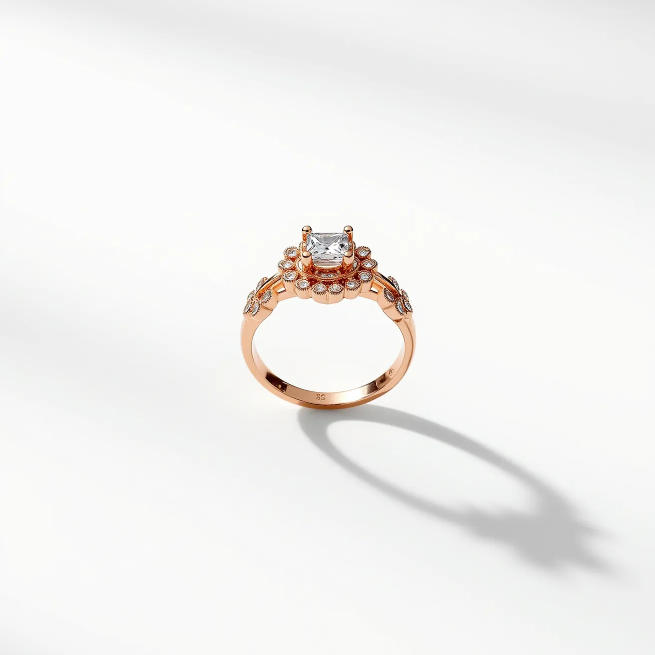 This rose gold ring features a prominent central gemstone, likely a diamond, set in a prong setting, which showcases its brilliance. The stone appears to be round cut, providing a classic and elegant look. Surrounding the central gem is a halo of smaller stones, enhancing the ring's sparkle and adding depth to the design. The band showcases intricate detailing with small, decorative elements that give the ring a vintage-inspired appearance. The craftsmanship highlights the luxurious appeal of rose gold, creating a striking and timeless piece of jewelry.