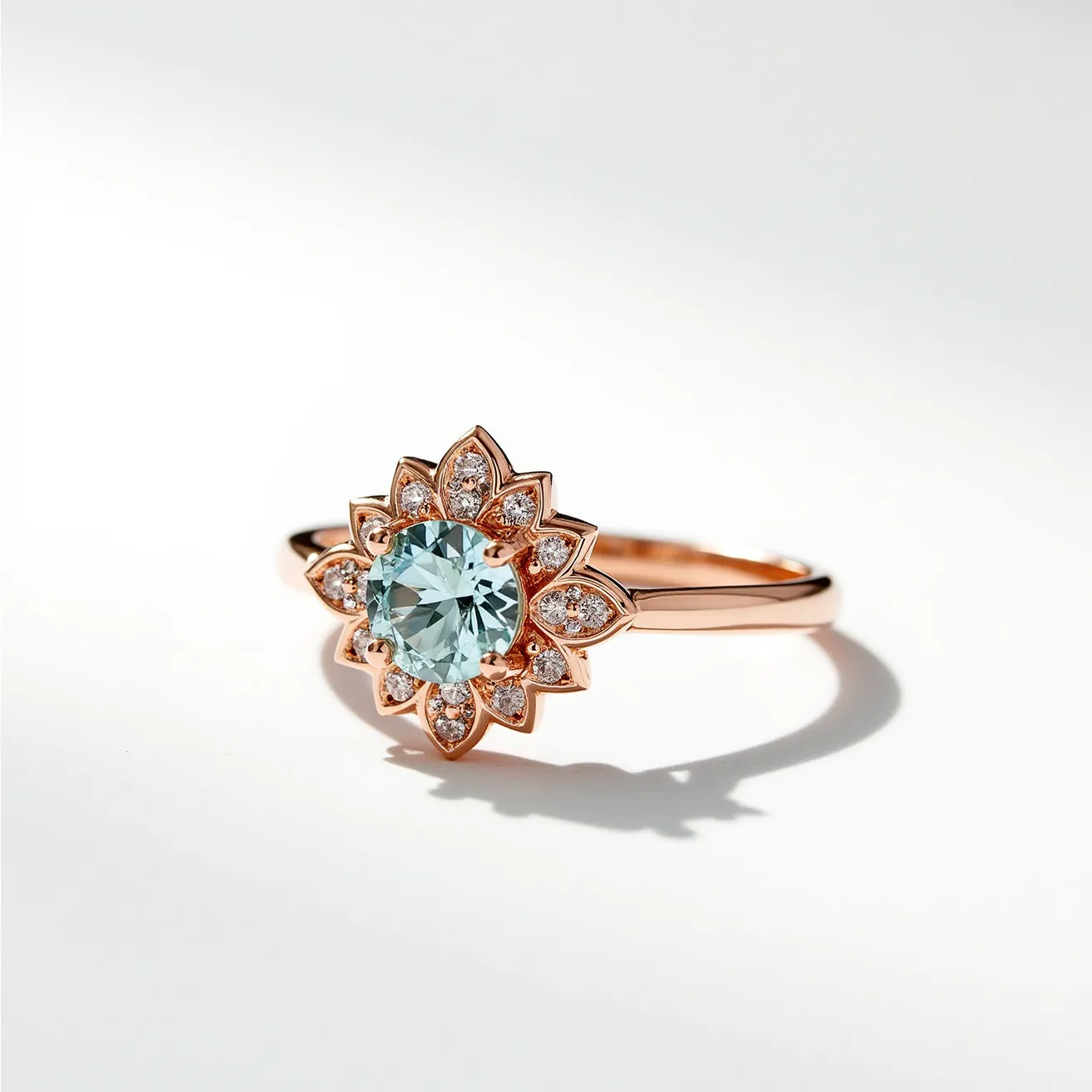 This rose gold ring features a central round-cut aquamarine stone, which is delicately set in a prong setting. Surrounding the aquamarine are small round diamonds set in a floral halo pattern, enhancing the overall elegance and sparkle of the piece. The band is crafted from rose gold, offering a warm and sophisticated hue that complements the cool tones of the aquamarine. The design integrates the materials seamlessly, creating a harmonious and eye-catching piece without any visible clasps or attachments.