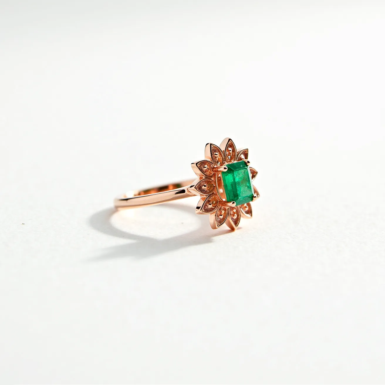 This rose ring features a stunning rectangular-cut emerald as its centerpiece, held in a secure setting that accentuates its vibrant green hue. Surrounding the emerald is a halo of petal-like designs crafted from rose gold, giving the ring an elegant and floral-inspired appearance. The band, also made of rose gold, complements the centerpiece beautifully, creating a harmonious blend of colors and materials. The intricate details and craftsmanship make this a striking piece of jewelry.