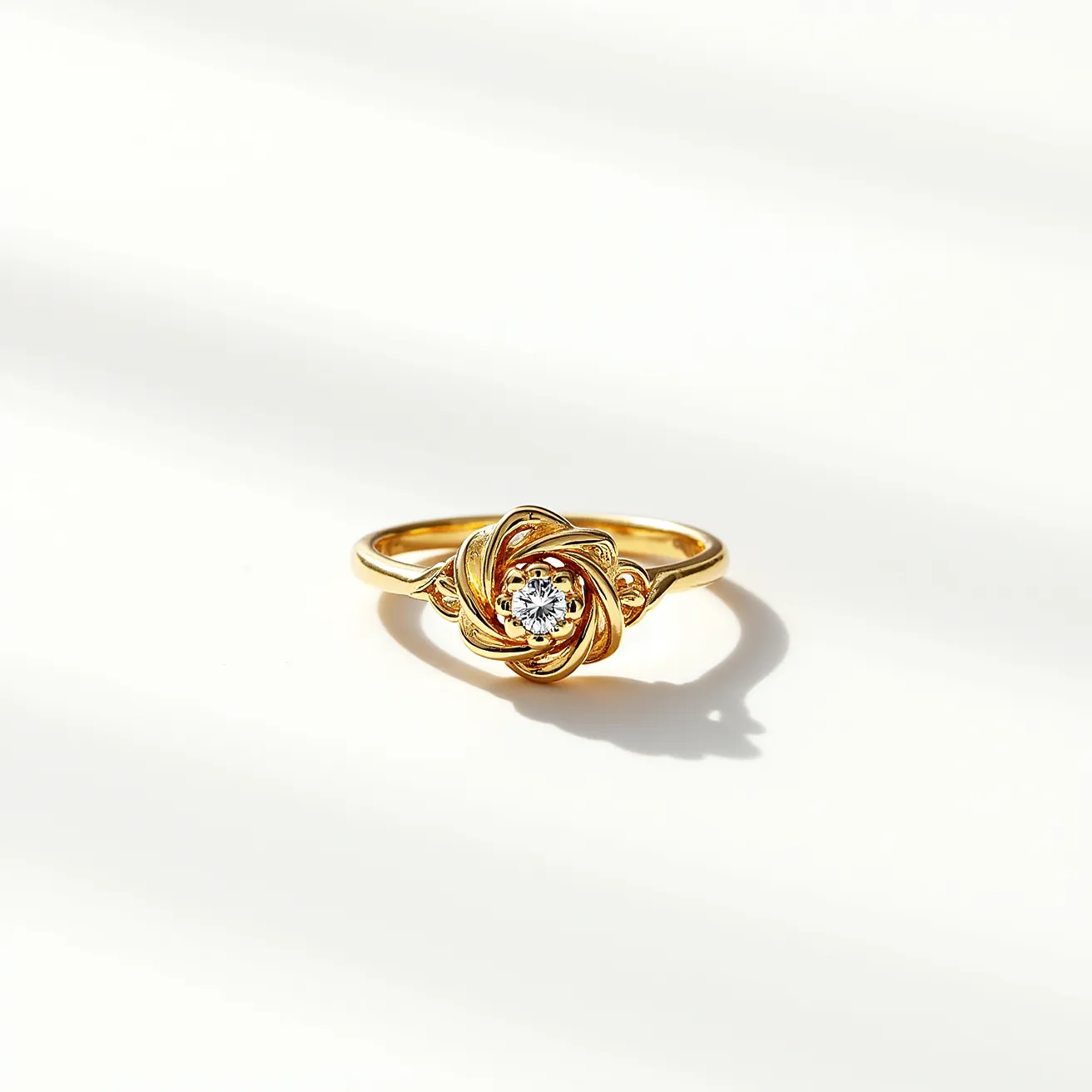 This rose ring features a beautifully crafted design with materials that appear to be gold, forming the petals of the rose. At the center of the rose is a single, round-cut diamond, which is securely set within the intricate gold structure, providing a brilliant focal point. The band is elegantly simple, complementing the ornate design of the rose without any additional embellishments. The gold petals are intertwined, adding depth and dimension to the overall aesthetic of the piece.