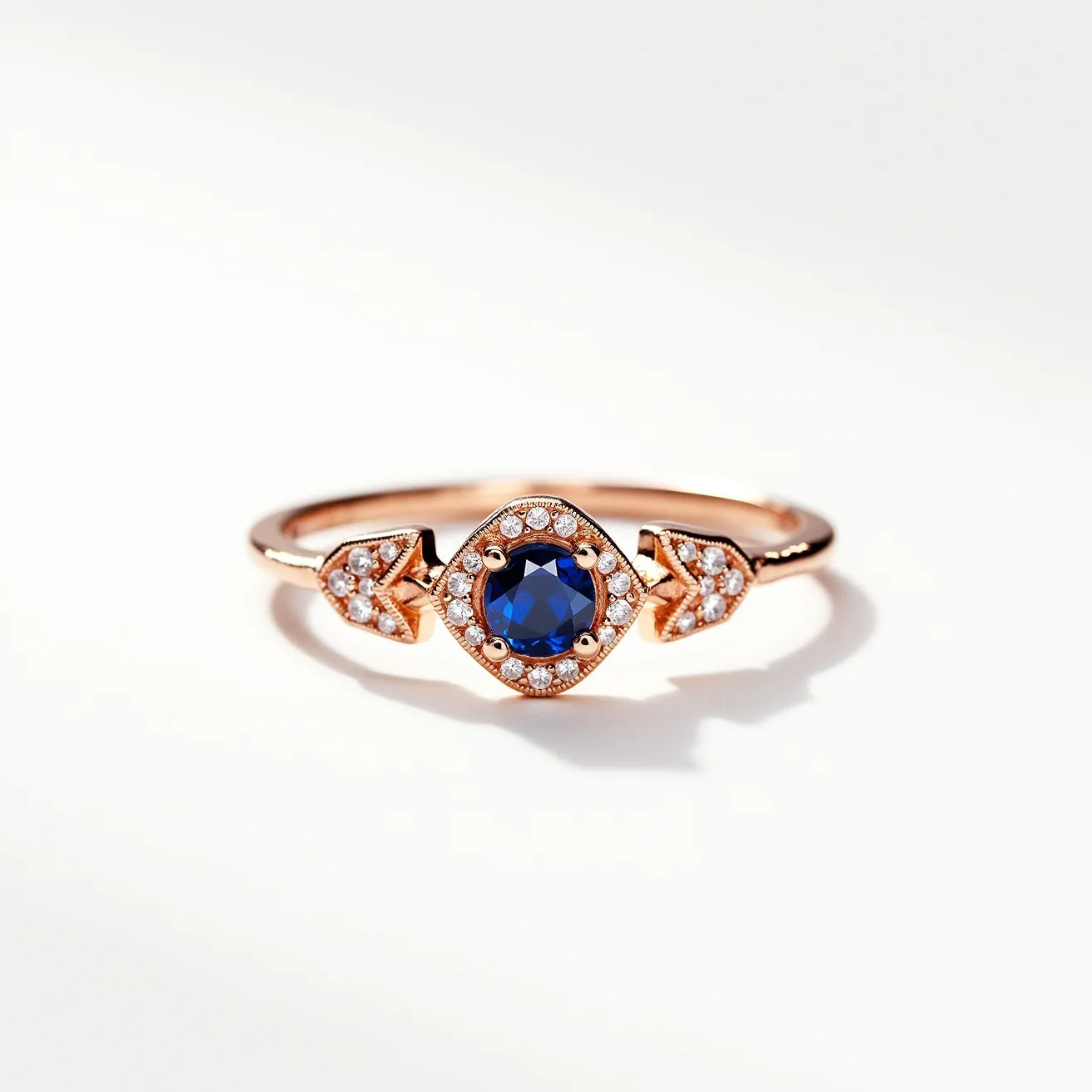 This rose ring features a delicate and elegant design crafted from rose gold. At its center is a round-cut blue sapphire, set in a prong setting that highlights its deep, rich color. Surrounding the sapphire is a halo of small, clear diamonds, each possibly round brilliant cut, adding a sparkling contrast to the deep blue stone. The band itself has arrow-shaped accents adorned with additional small diamonds on either side of the central setting, enhancing the ring's intricate and luxurious appearance. The combination of materials and stones results in a piece that is both sophisticated and eye-catching.