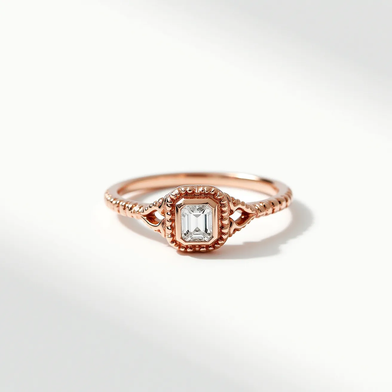 This rose ring is crafted from what appears to be rose gold, featuring a detailed band with intricate beaded accents that add texture and elegance. Set at the center is an emerald-cut gemstone, likely a diamond, which exudes a classic and sophisticated aura. The gemstone is encased in a bezel setting, which not only secures the stone but also complements the overall design of the ring with its refined edge. The band transitions smoothly into the setting, providing an integrated look that is both harmonious and aesthetically pleasing.