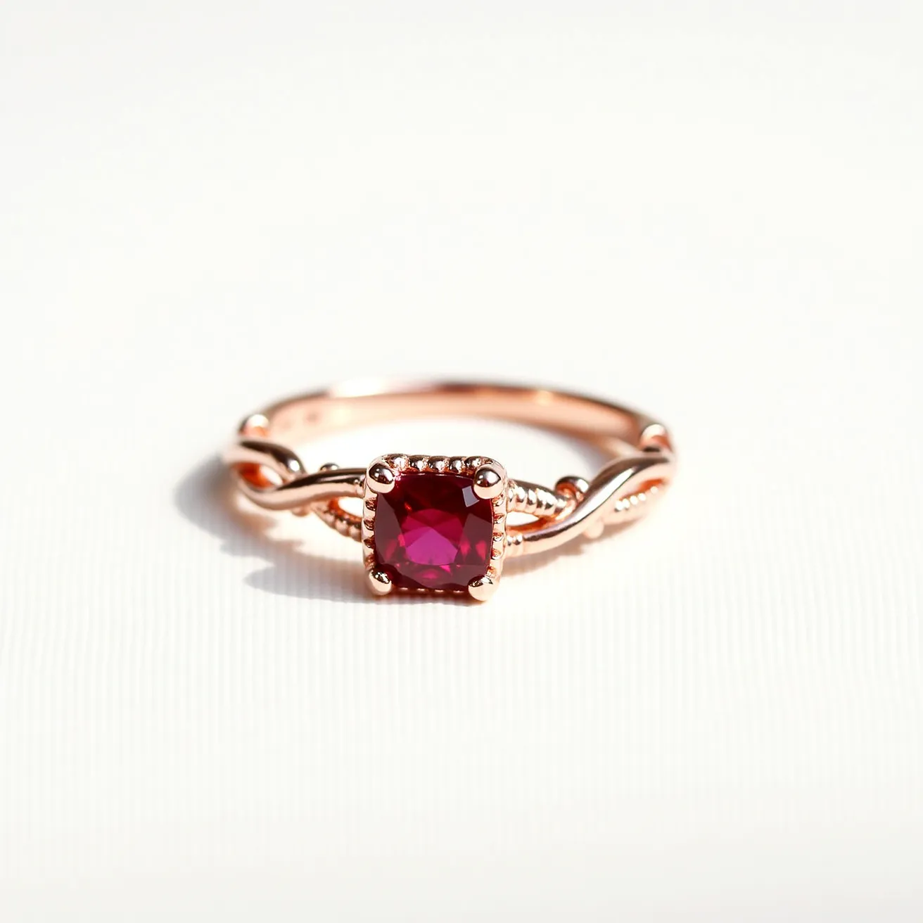 This ruby engagement ring features a striking square cushion-cut ruby as its centerpiece, held securely in a four-prong setting. The band of the ring is crafted from what appears to be rose gold, lending a warm and elegant tone to the overall design. The band includes intricate, interwoven detailing that adds texture and visual interest. The prongs and surrounding details are finely beaded, emphasizing the ruby's rich color. This ring lacks any clasps, as it is designed to be slipped onto the finger and worn continuously.