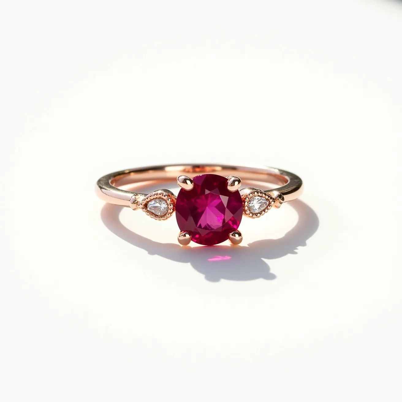 This ruby engagement ring features a striking central ruby gemstone in a brilliant round cut, held securely by four prongs. It is flanked on each side by two smaller pear-shaped diamonds, each in their own bezel setting, adding complementary sparkle and elegance. The band is crafted from what appears to be a rose gold metal, enhancing the vivid red hue of the ruby. The combination of the central gem with the side stones and the warm tone of the metal creates a classic yet distinctive appearance perfect for an engagement ring.