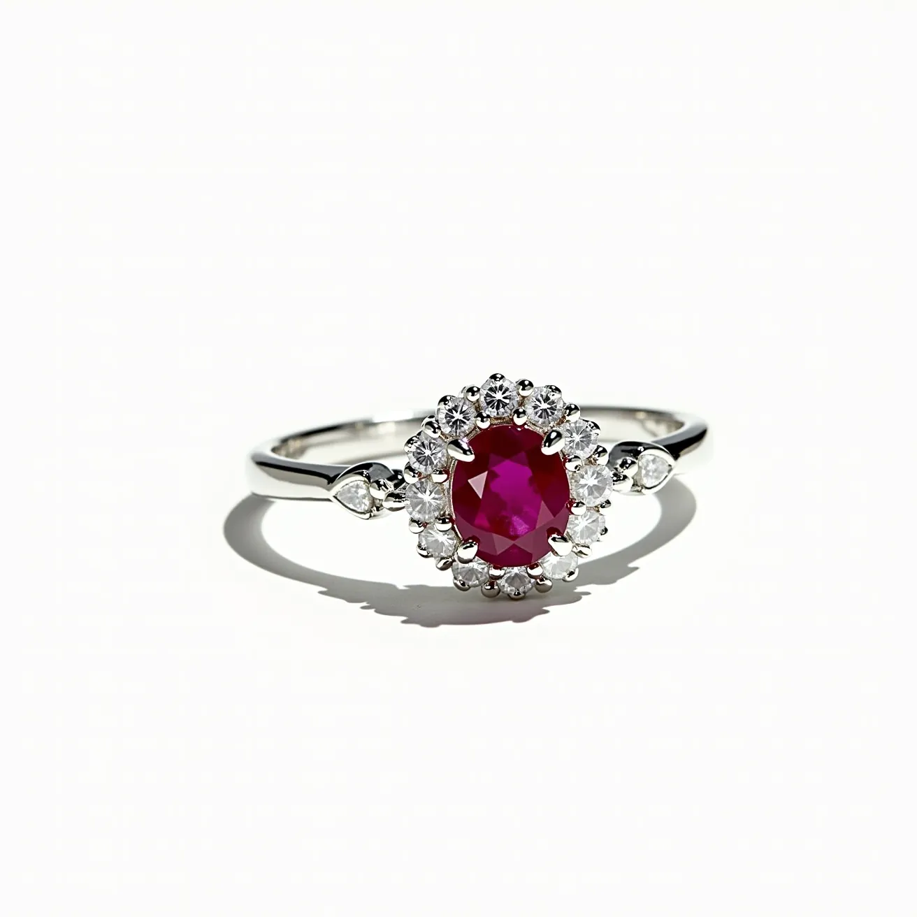 This ruby engagement ring features an elegant design with a central oval-cut ruby as its focal point. Encircling the vibrant red gemstone is a halo of round, brilliant-cut diamonds, accentuating its rich color and adding a touch of sparkle. The diamonds are securely set in a prong setting that enhances their brilliance. The band, crafted from polished white gold, offers a sleek and modern look, complementing the overall design of the ring. Flanking the ruby on either side are pear-shaped diamonds, adding an extra layer of sophistication to the setting. The combination of white gold and the vivid red ruby creates a striking and timeless piece.