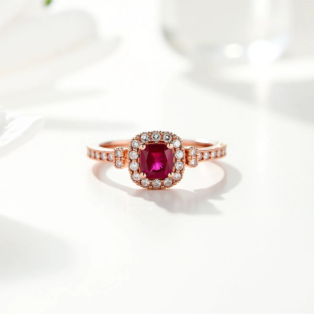 This ruby engagement ring features a vibrant, cushion-cut ruby as its central gemstone, surrounded by a halo of smaller round diamonds, enhancing its brilliance. The stones are set in a warm-toned metal, likely rose gold, which complements the rich red hue of the ruby. The band itself is elegantly adorned with additional diamonds, adding further sparkle and continuity to the design. The ring showcases a classic prong setting, ensuring security and prominence for the central gem, while the smaller diamonds are set in a pave style along the band, contributing to its intricate and luxurious appearance.