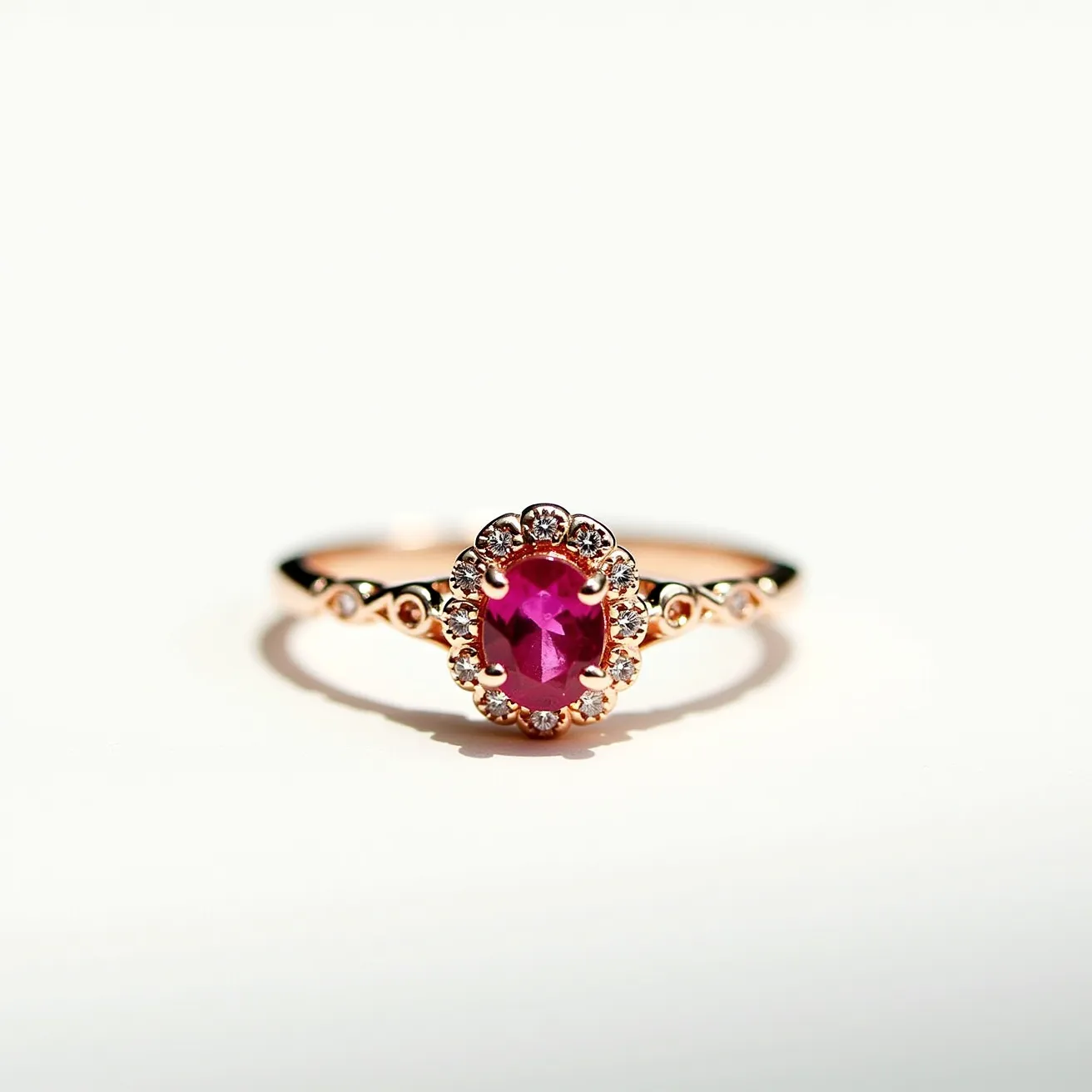 This ruby engagement ring features a striking oval-cut ruby at its center, exuding a rich red hue that is both captivating and elegant. Surrounding the central gem is a halo of small, brilliant-cut diamonds, enhancing the ring's overall sparkle and creating a timeless allure. The ring is crafted from a warm-toned metal, likely rose gold, which complements the stones and adds to the vintage-inspired design. The shank of the ring showcases intricate detailing, with delicate scrollwork enhancing its sophistication. The gemstones are securely held in place by prongs, ensuring both beauty and durability.