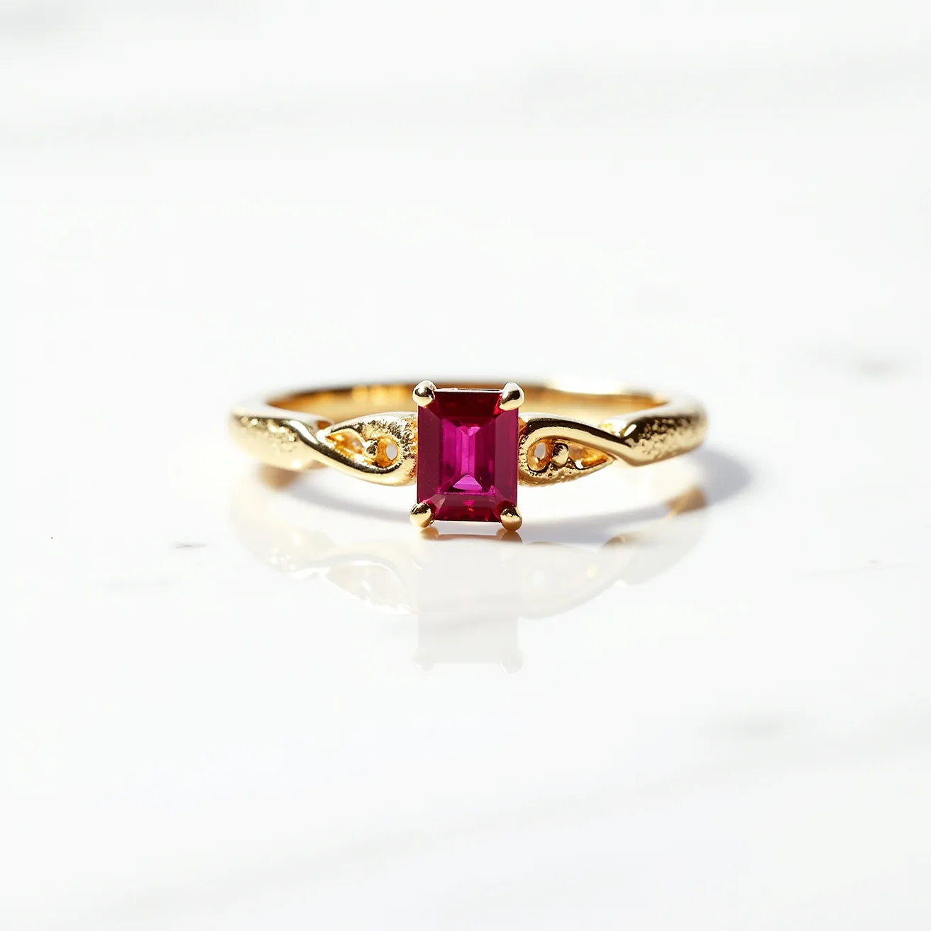 This ruby engagement ring features a striking square-cut ruby as the centerpiece, secured in a prong setting that enhances its vibrant red hue. The band is crafted from a polished gold material, adding a warm and classic elegance to the ring. The design includes delicate, intertwining details on each side of the band, which provide a vintage-inspired aesthetic. The combination of the ruby's deep color and the rich gold setting creates an exquisite and timeless piece of jewelry.