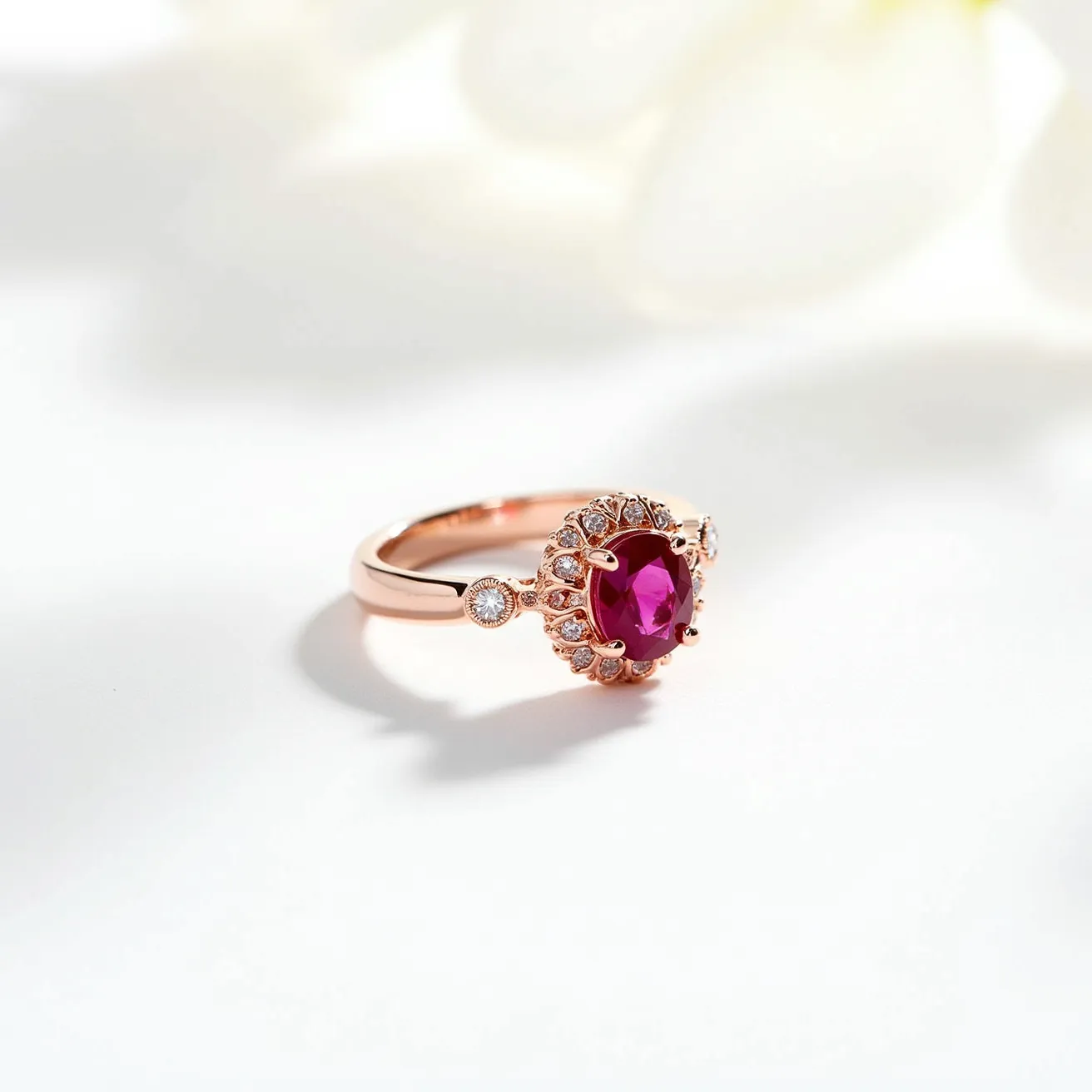 This ruby engagement ring features a stunning oval-cut ruby as the centerpiece, encircled by a halo of smaller round-cut diamonds. The ring is crafted from a rose gold band, adding a warm and elegant touch to the design. The diamonds are set in a classic prong setting, enhancing the brilliance of the central ruby. Additionally, each side of the band is adorned with a single bezel-set round diamond, providing a balanced and refined look. The combination of the vibrant ruby, sparkling diamonds, and luxurious rose gold creates a timeless and sophisticated piece of jewelry.